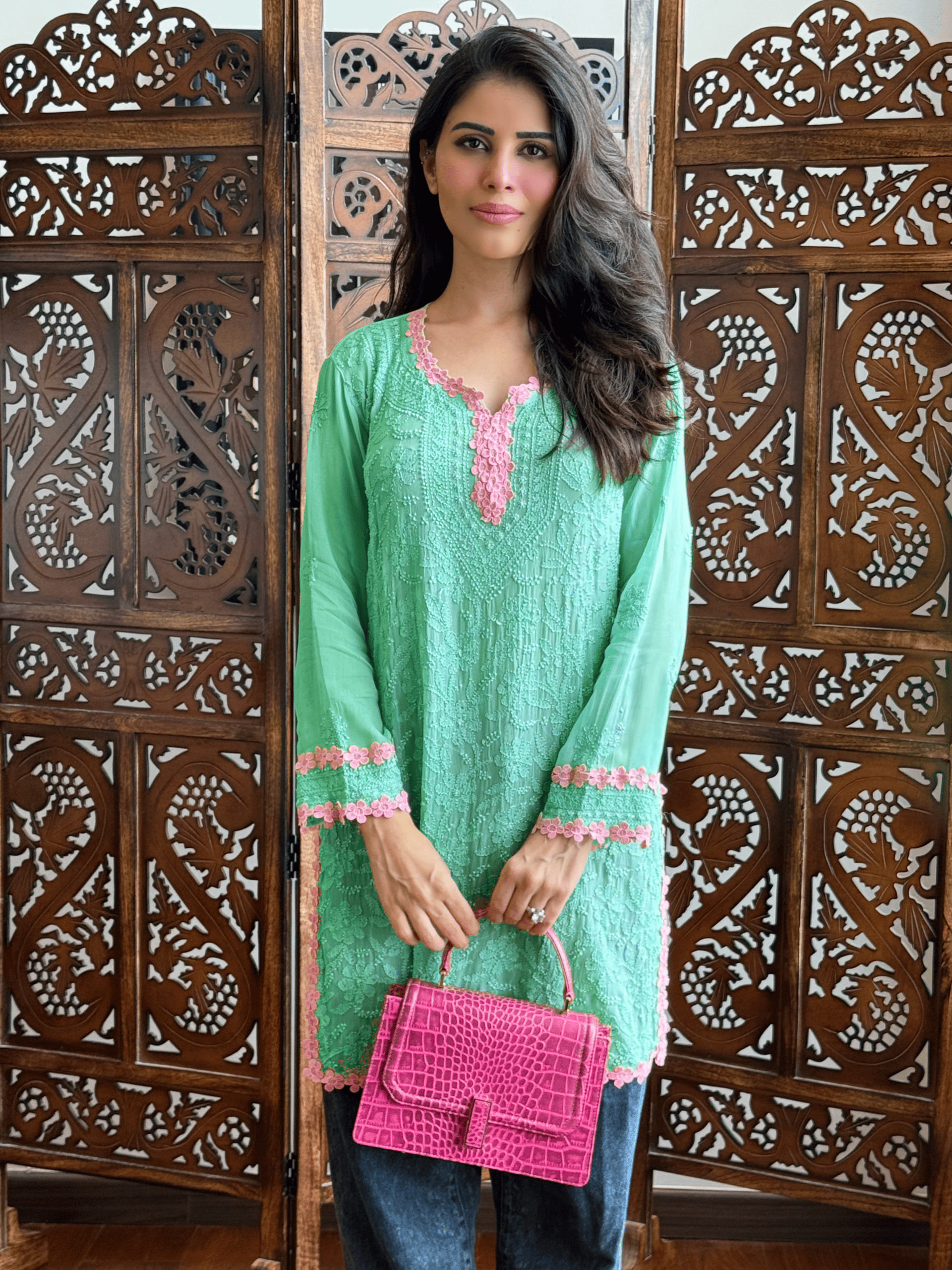 Mint Rosé Chikankari Short Kurta