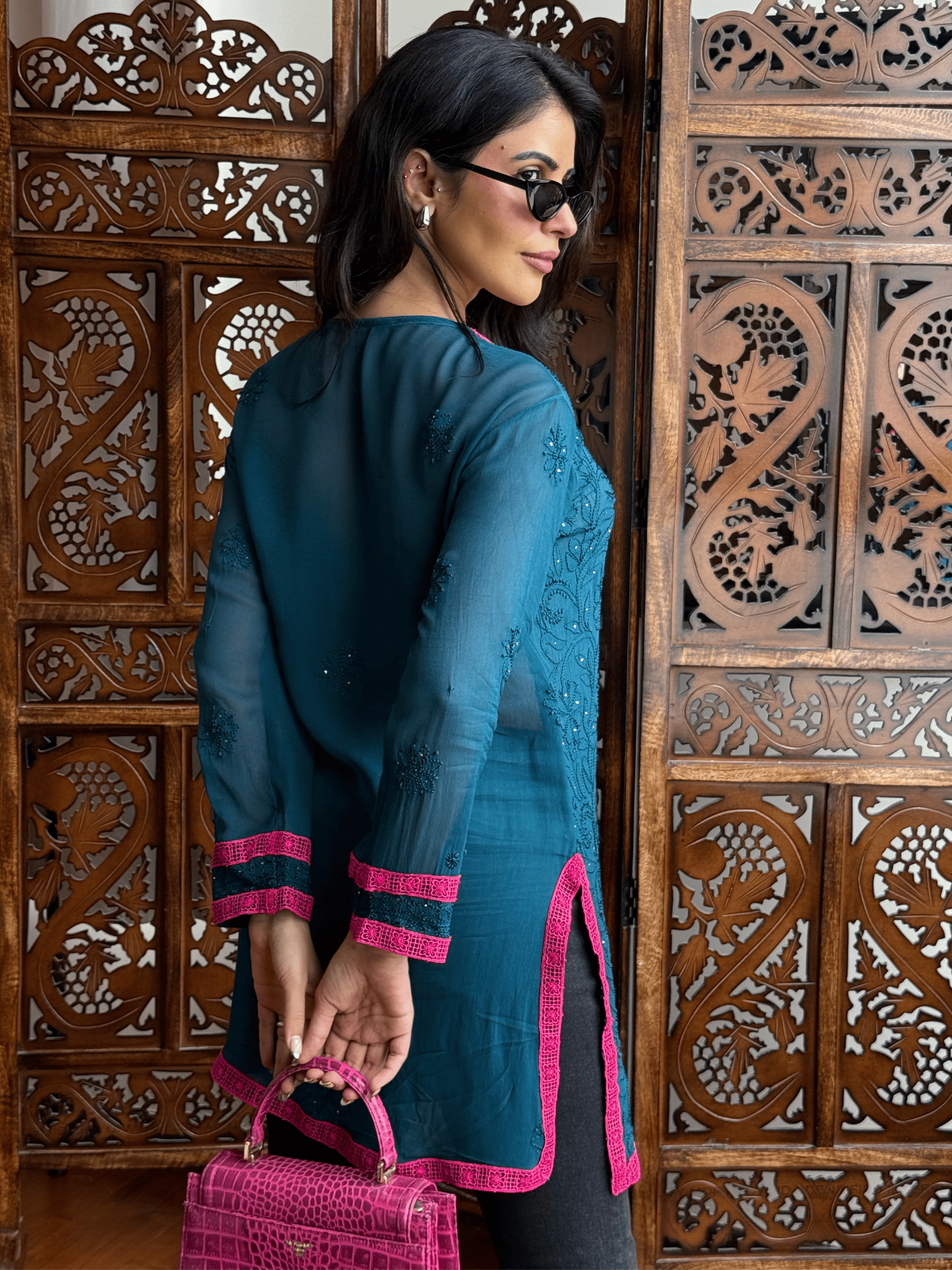 Teal Bloom Chikankari Short Kurta
