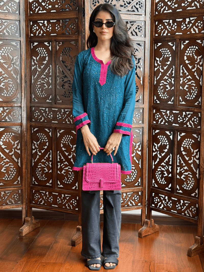 Teal Bloom Chikankari Short Kurta