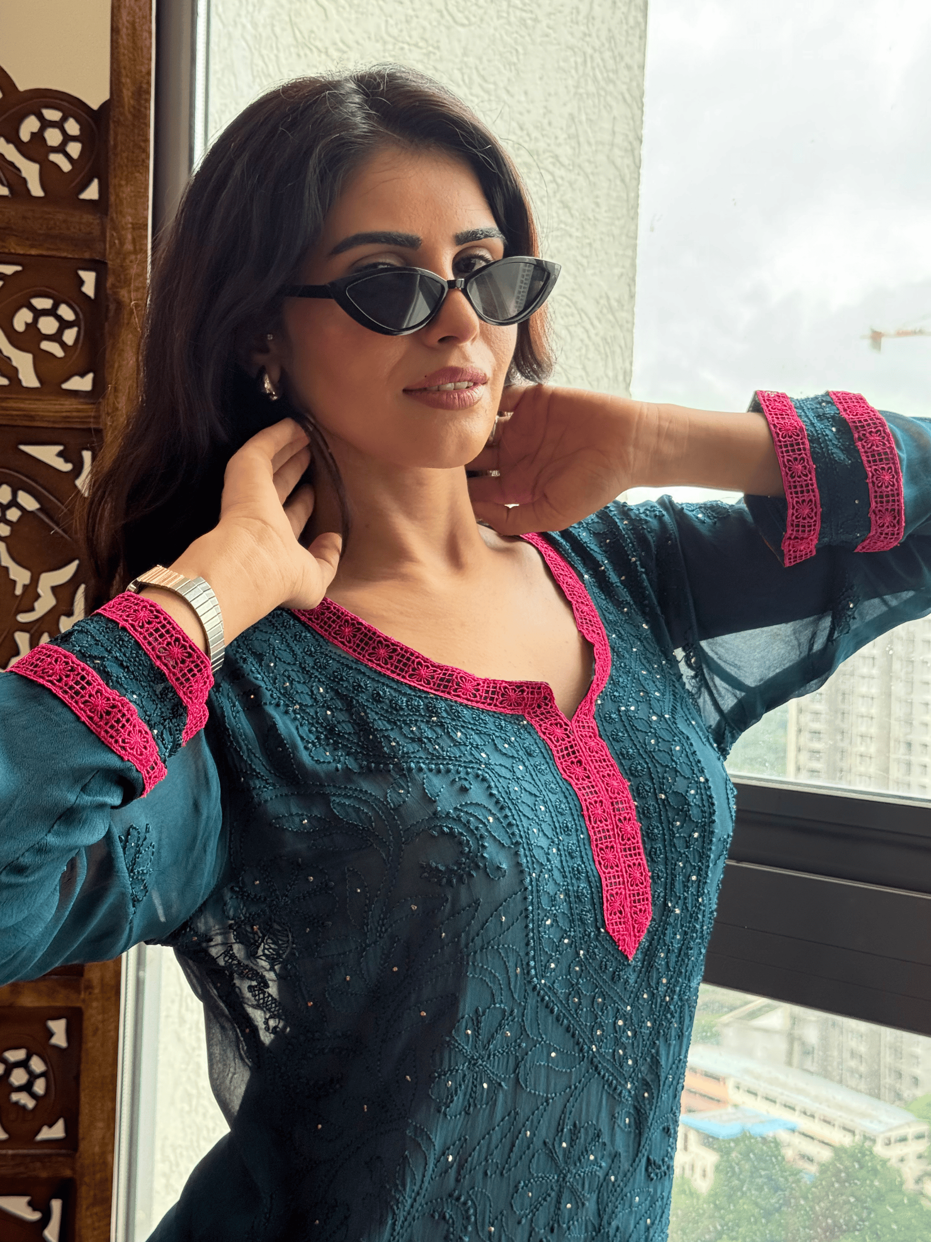 Teal Bloom Chikankari Short Kurta