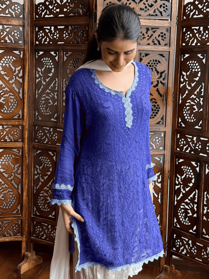 Starlit Blue Chikankari Short Kurta