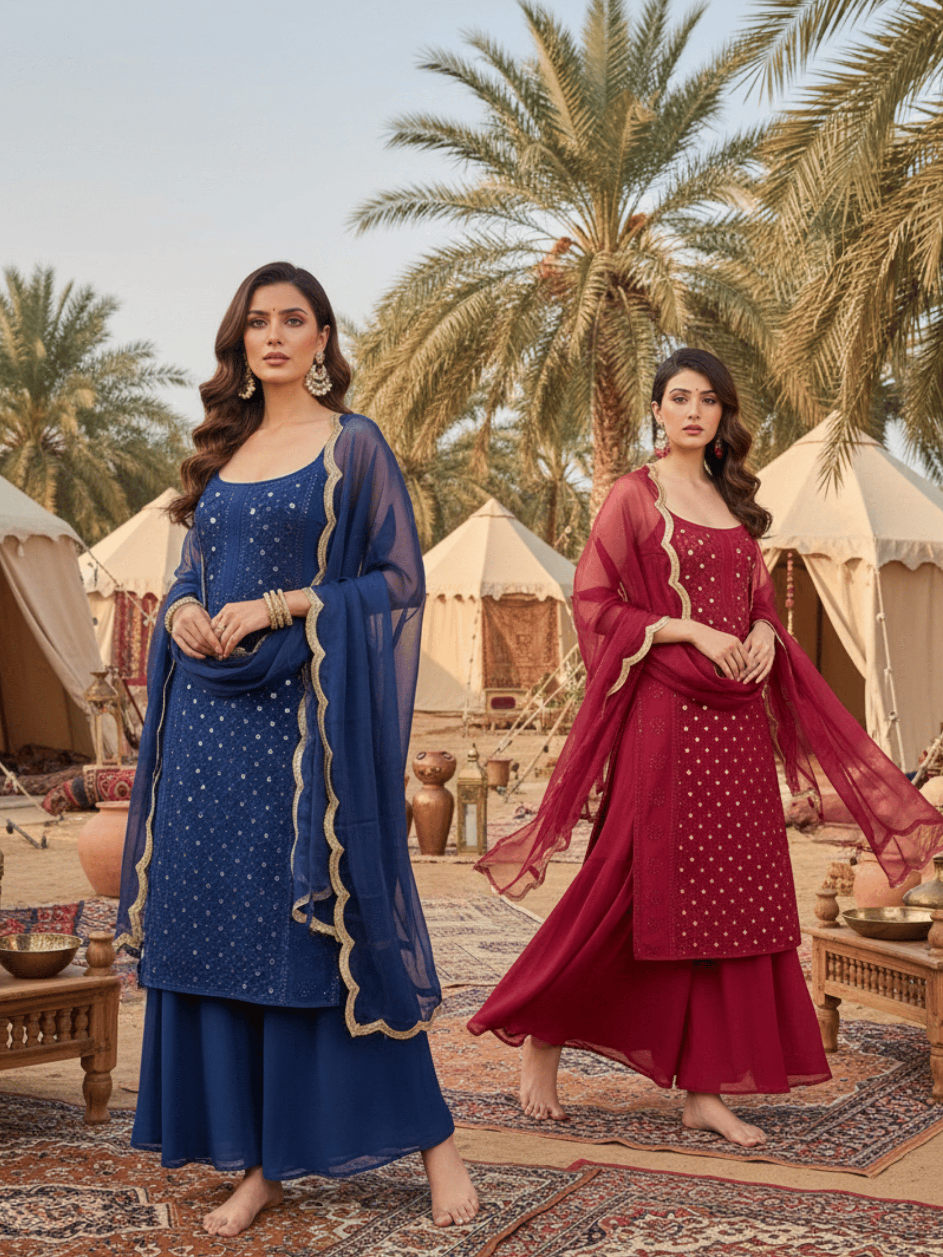 Velvet Sapphire  Ring Work Strappy Chikankari Kurta Set
