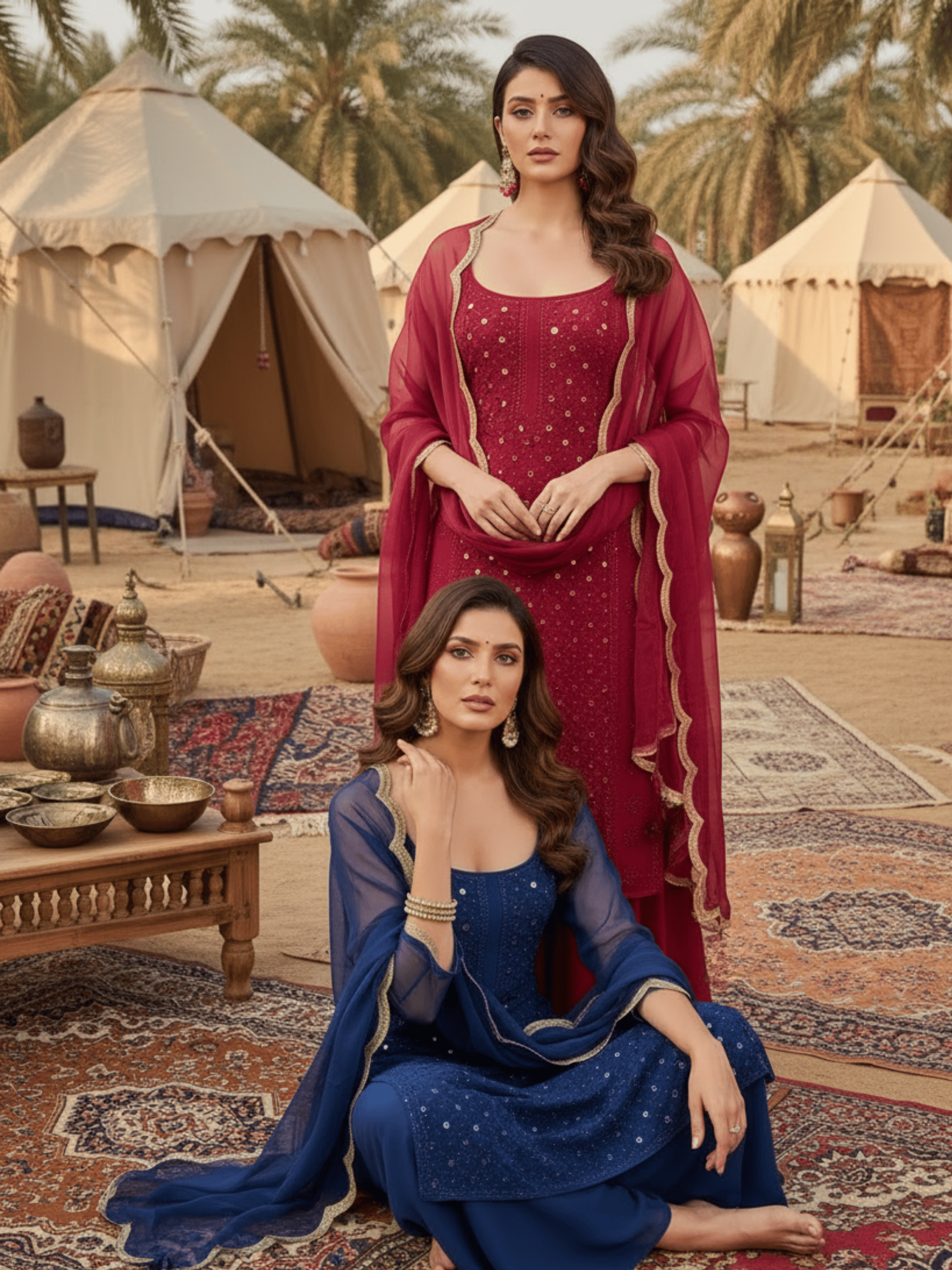 Velvet Sapphire  Ring Work Strappy Chikankari Kurta Set