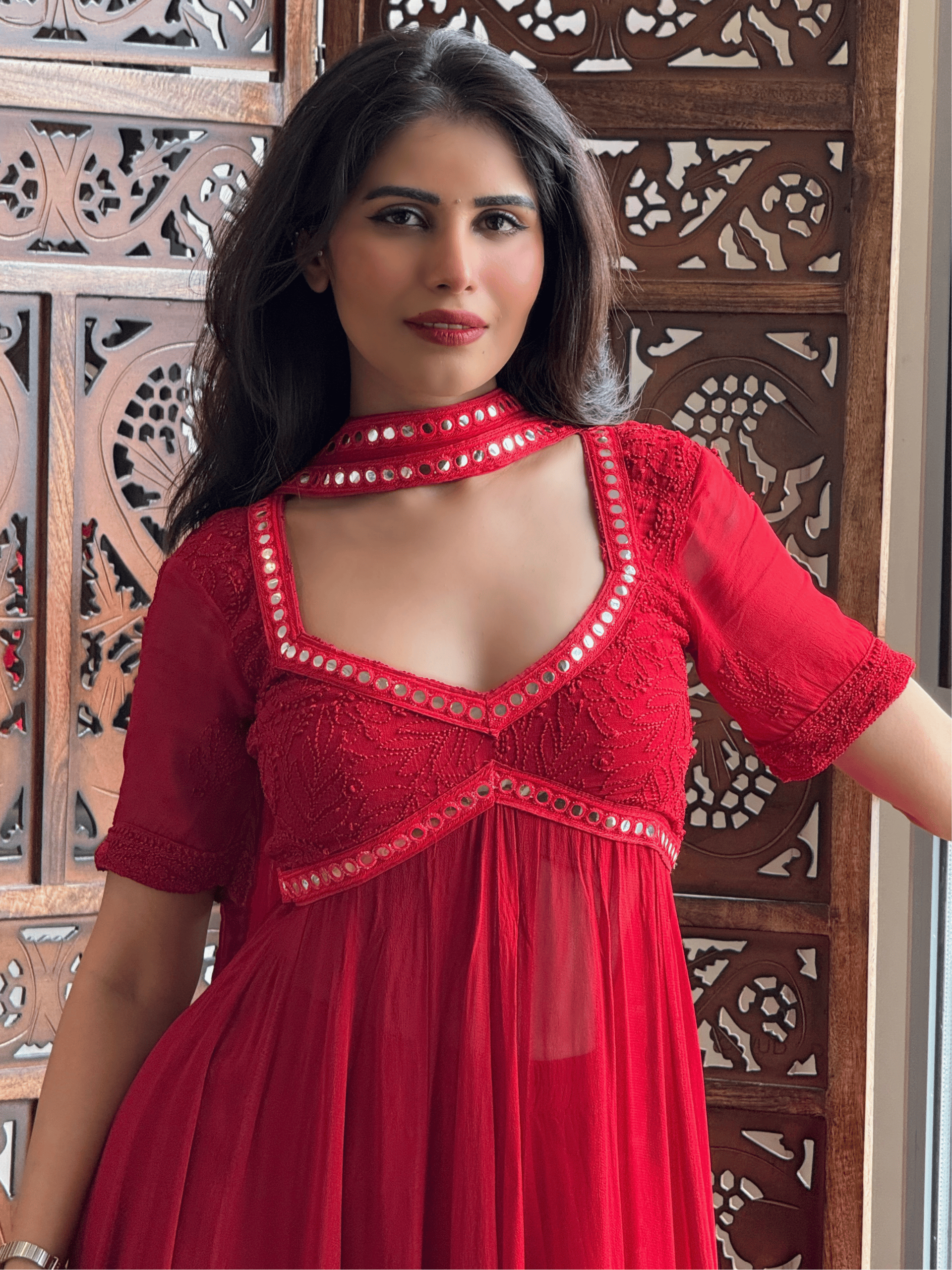 Siren Red Chikankari & Mirror work Anarkali Set (Set of 3)