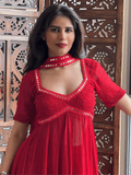 Siren Red Chikankari & Mirror work Anarkali Set (Set of 3)