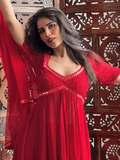 Siren Red Chikankari & Mirror work Anarkali Set (Set of 3)