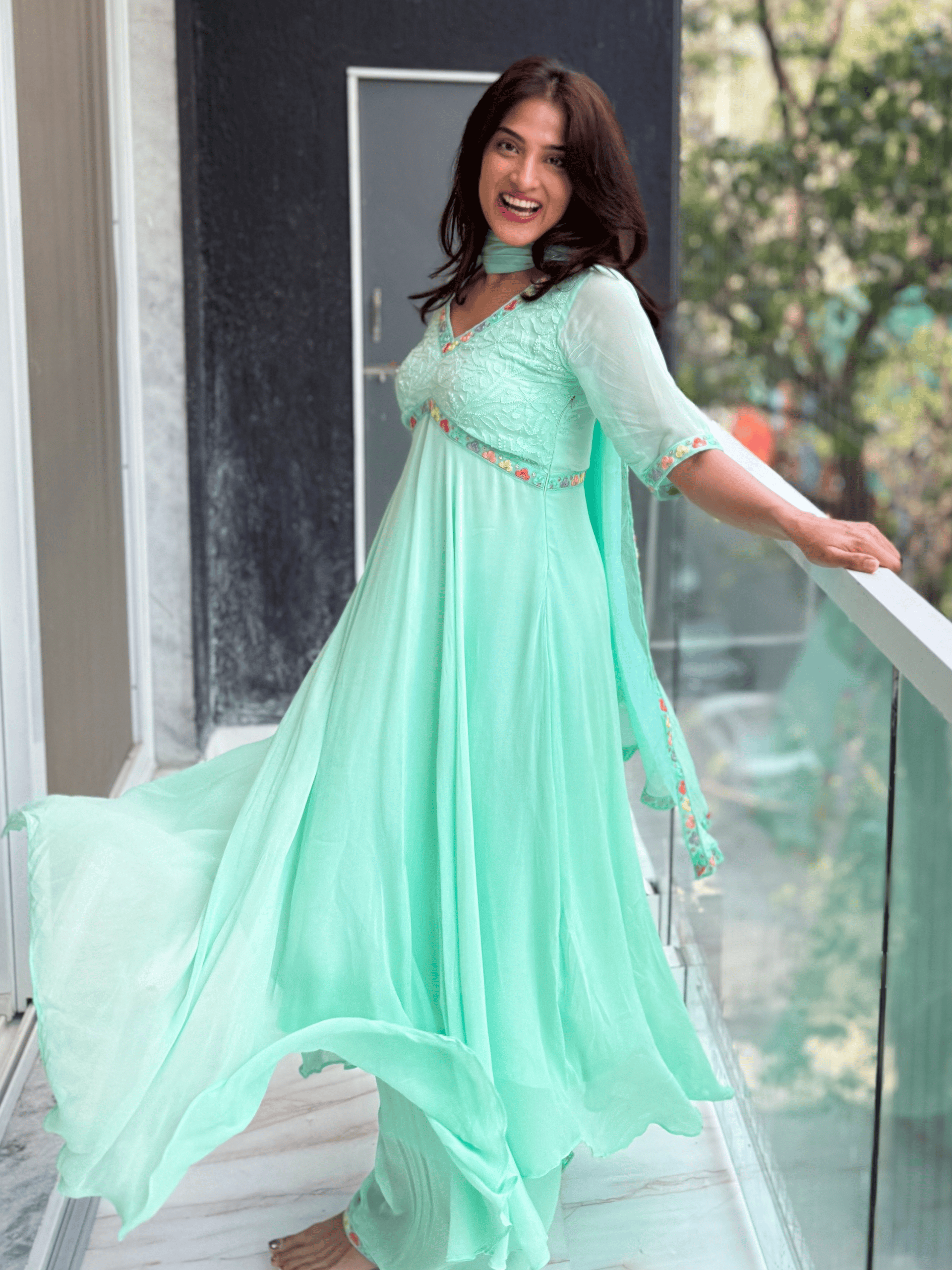 Malt Blue Chikankari Parsi Gara Anarkali Kurta Set (Set of 3)