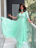 Malt Blue Chikankari Parsi Gara Anarkali Kurta Set (Set of 3)