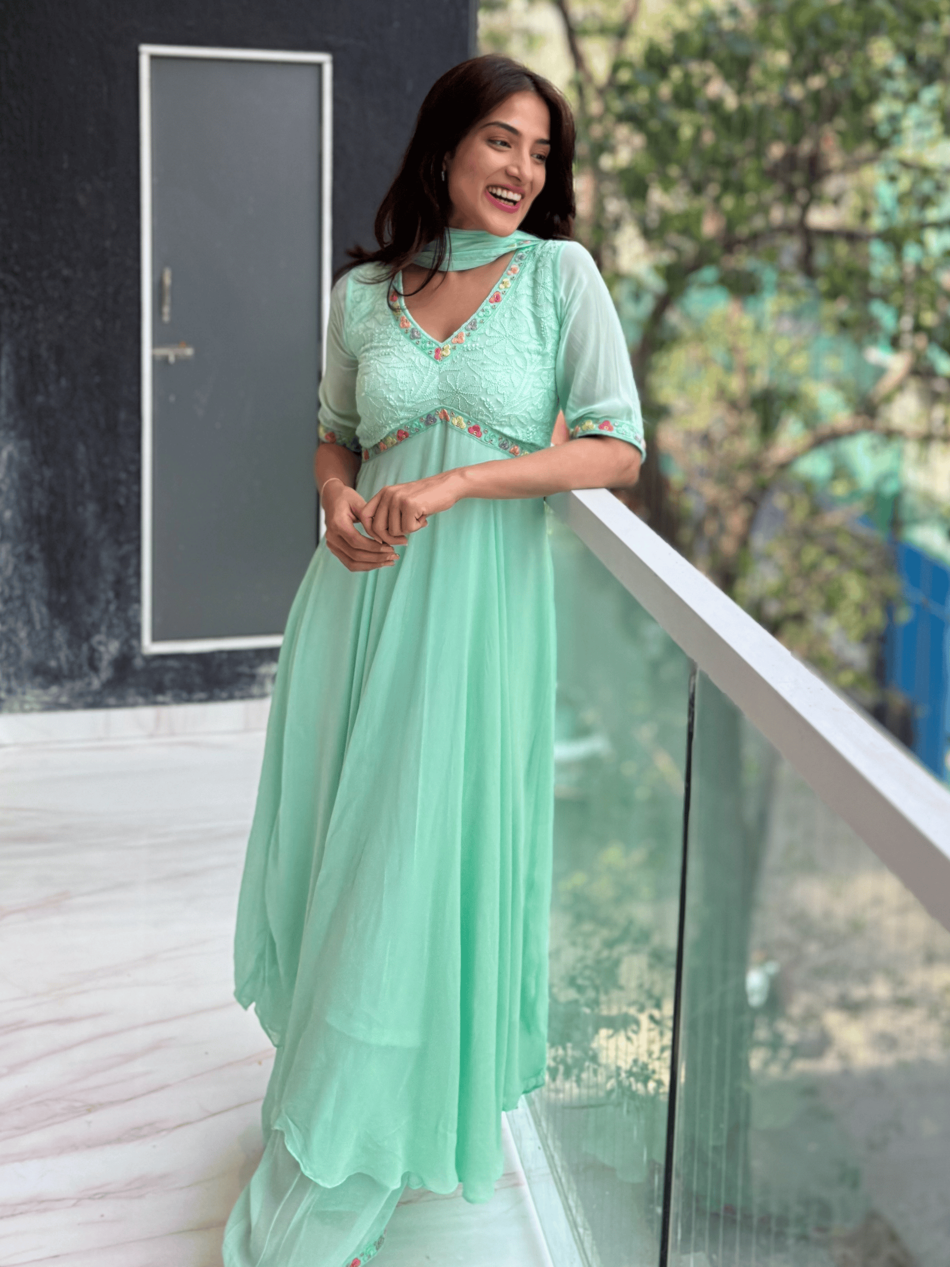 Malt Blue Chikankari Parsi Gara Anarkali Kurta Set (Set of 3)