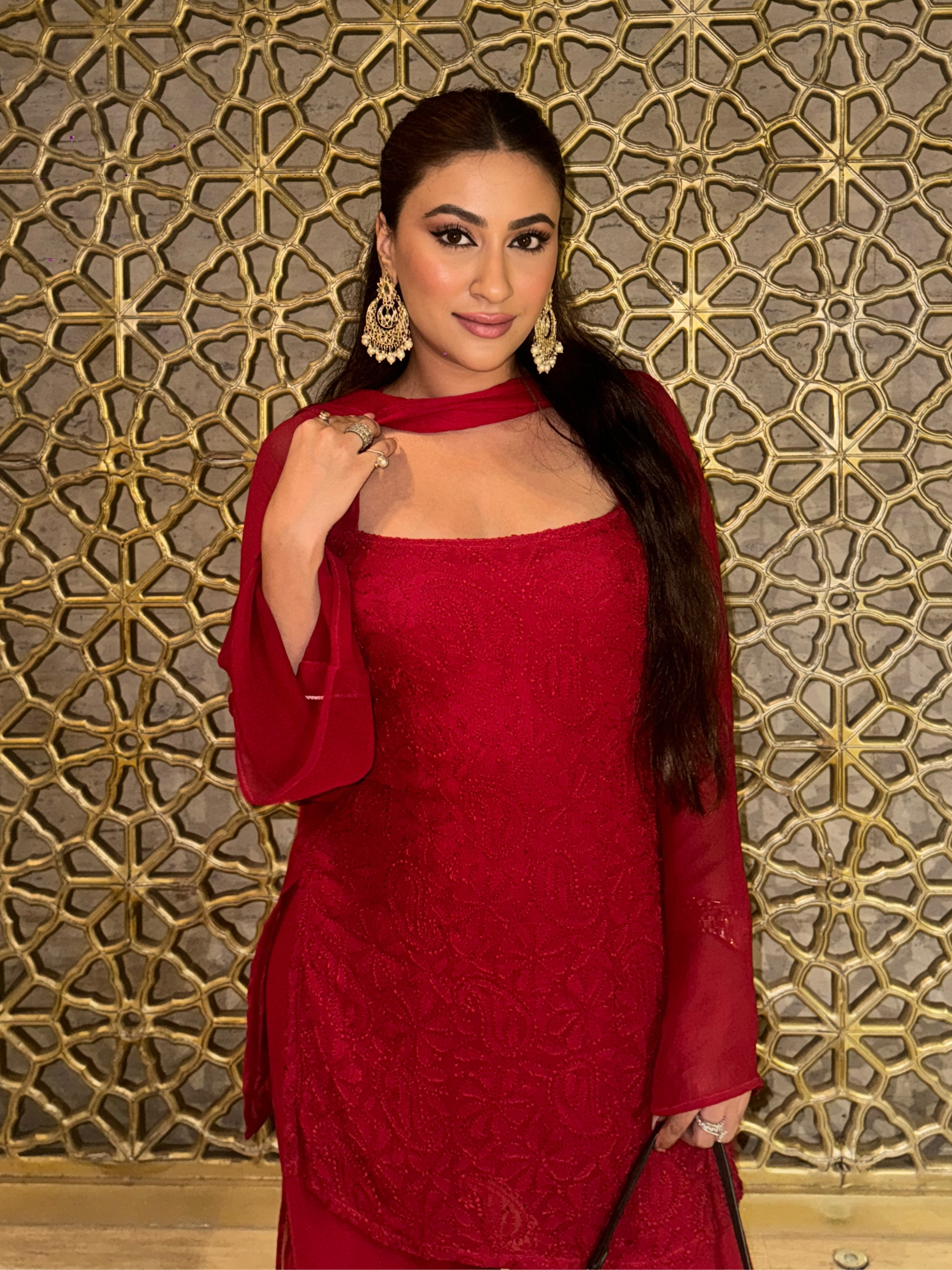 Turkey Red Chikankari Gharara Short Kurta Set (Set of 3)