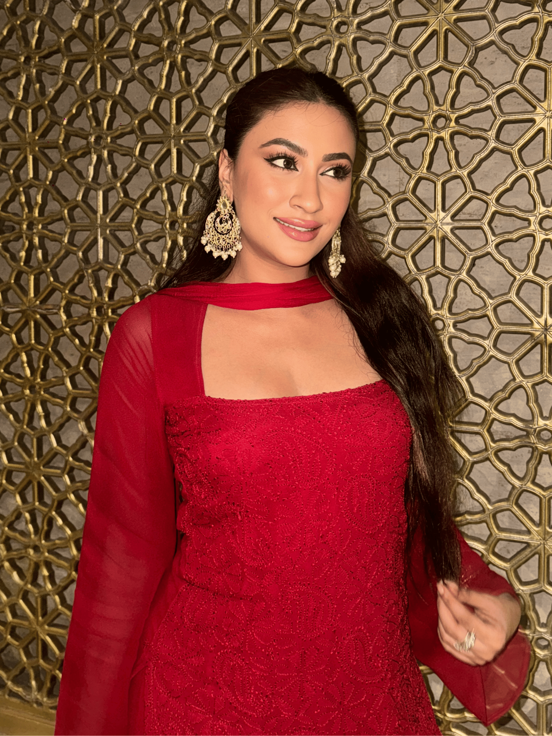 Turkey Red Chikankari Gharara Short Kurta Set (Set of 3)