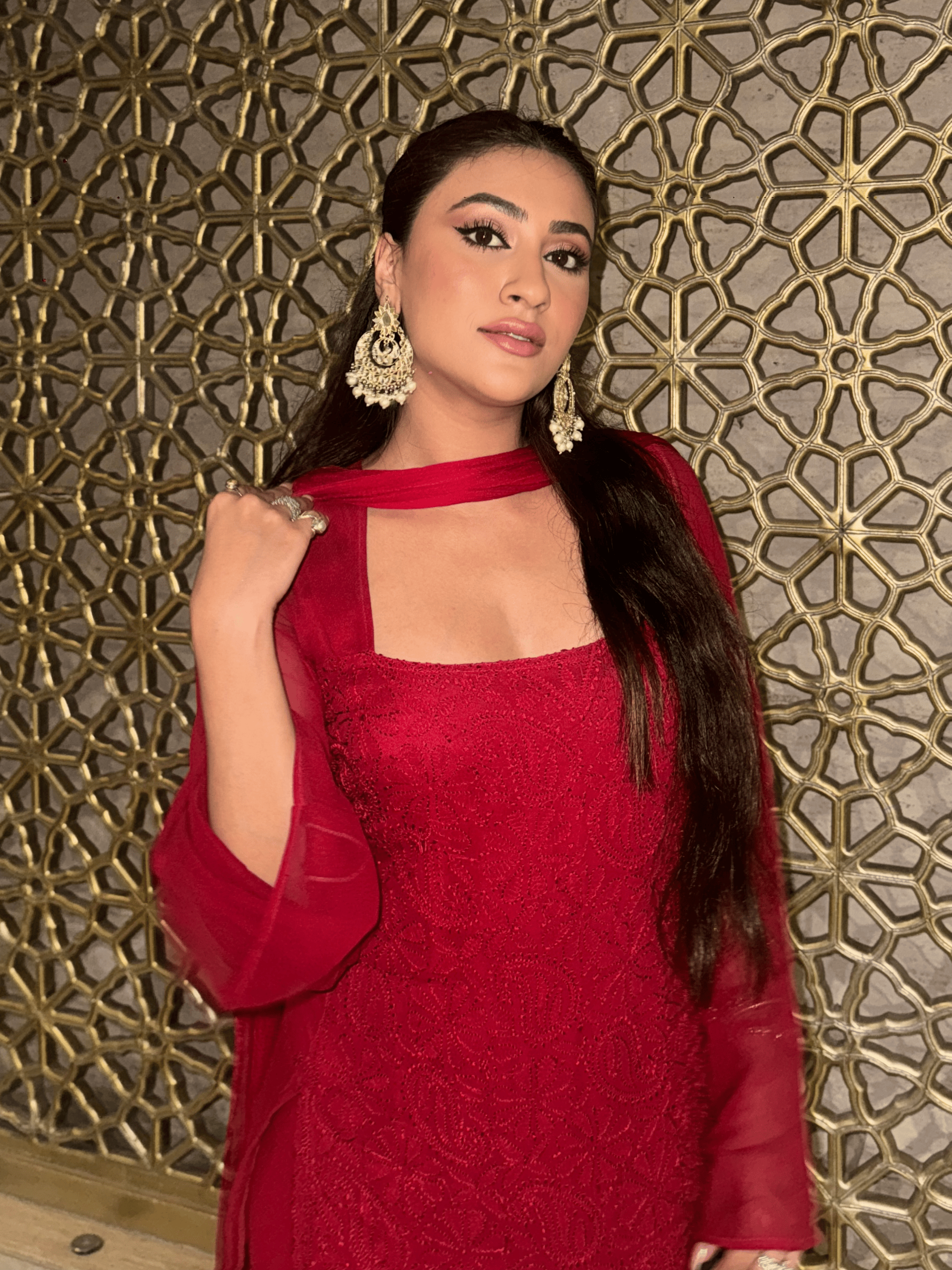 Turkey Red Chikankari Gharara Short Kurta Set (Set of 3)