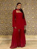 Turkey Red Chikankari Gharara Short Kurta Set (Set of 3)