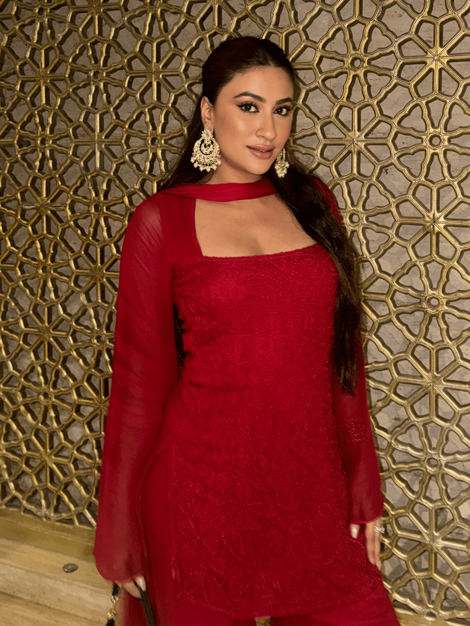 Turkey Red Chikankari Gharara Short Kurta Set (Set of 3)