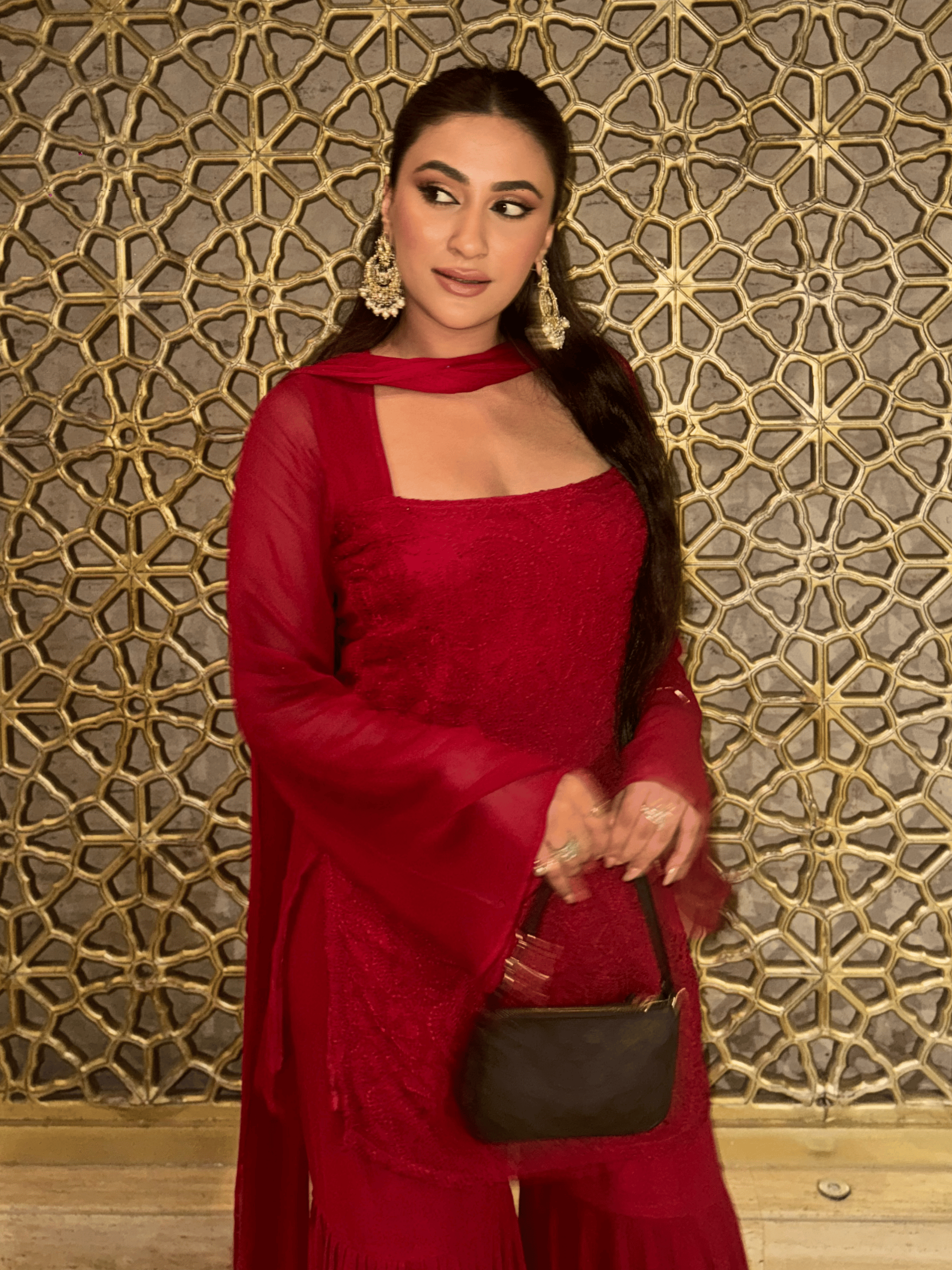 Turkey Red Chikankari Gharara Short Kurta Set (Set of 3)
