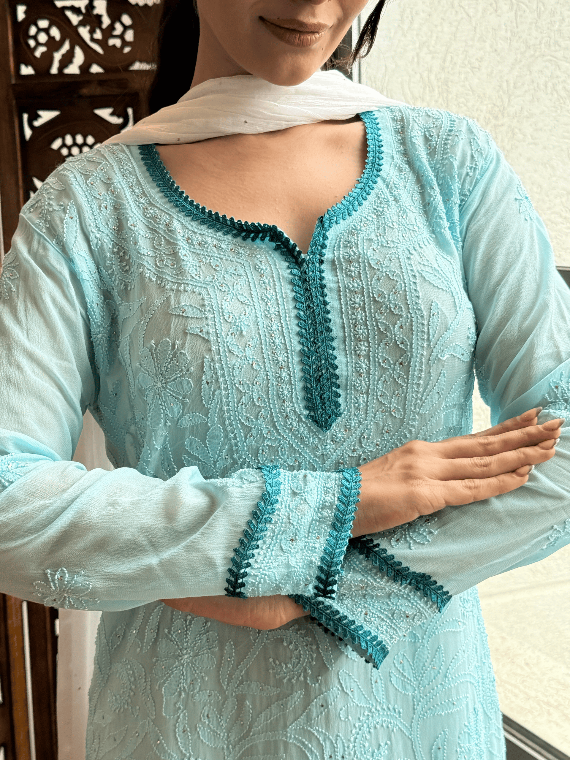 Turquoise Veil Chikankari Short Kurta