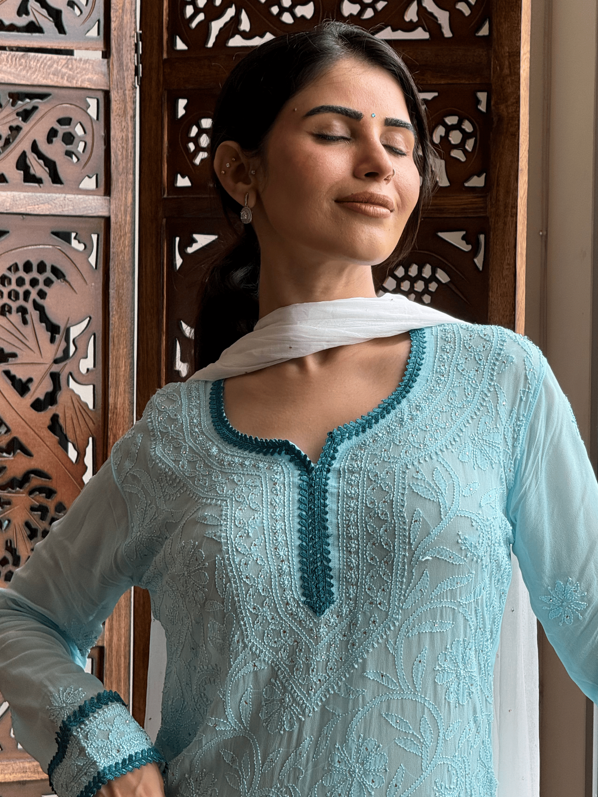 Turquoise Veil Chikankari Short Kurta