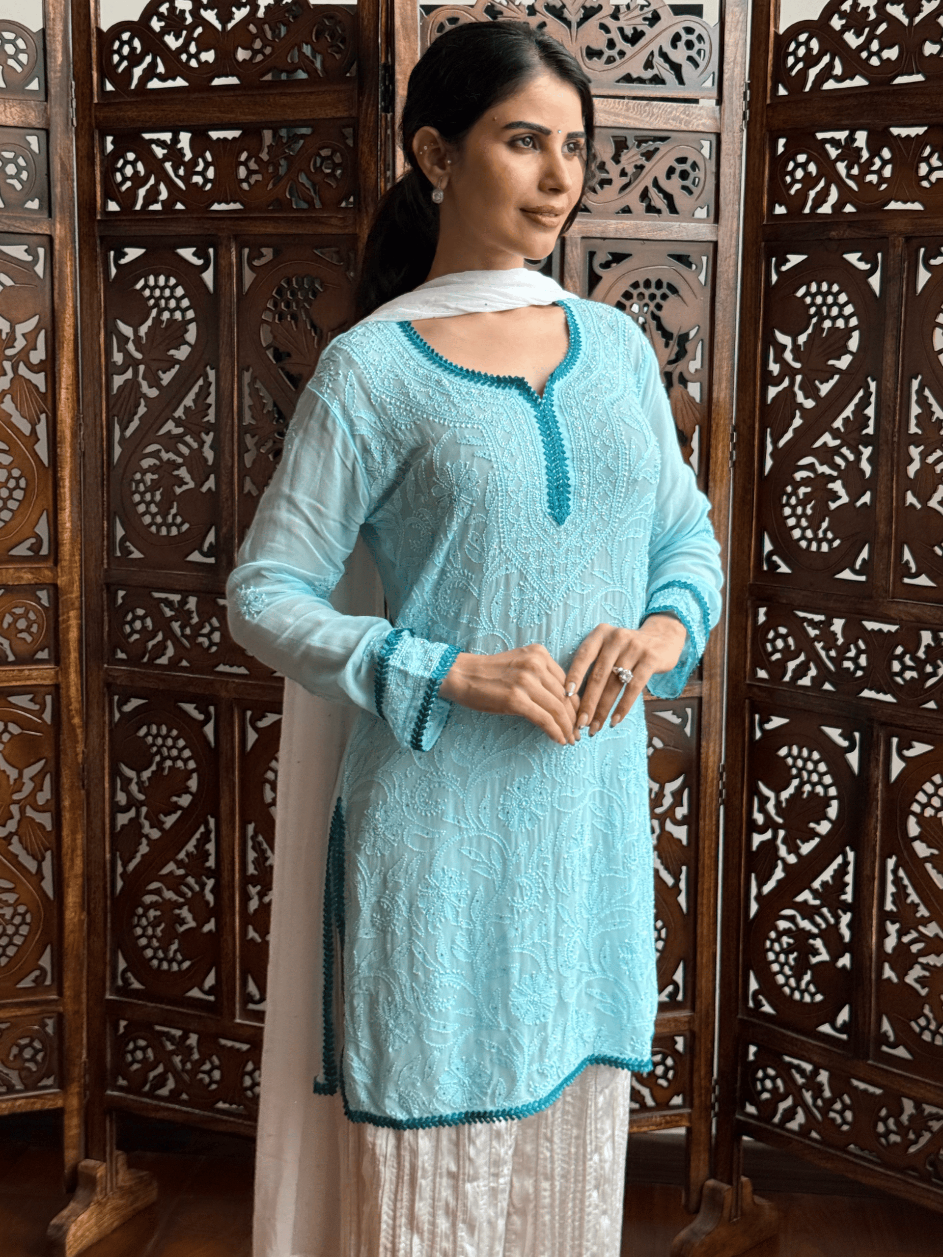 Turquoise Veil Chikankari Short Kurta