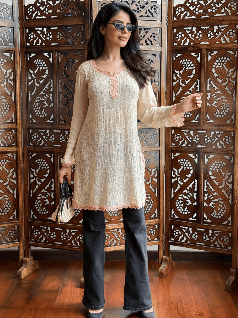 Peach Veil Chikankari Short Kurta