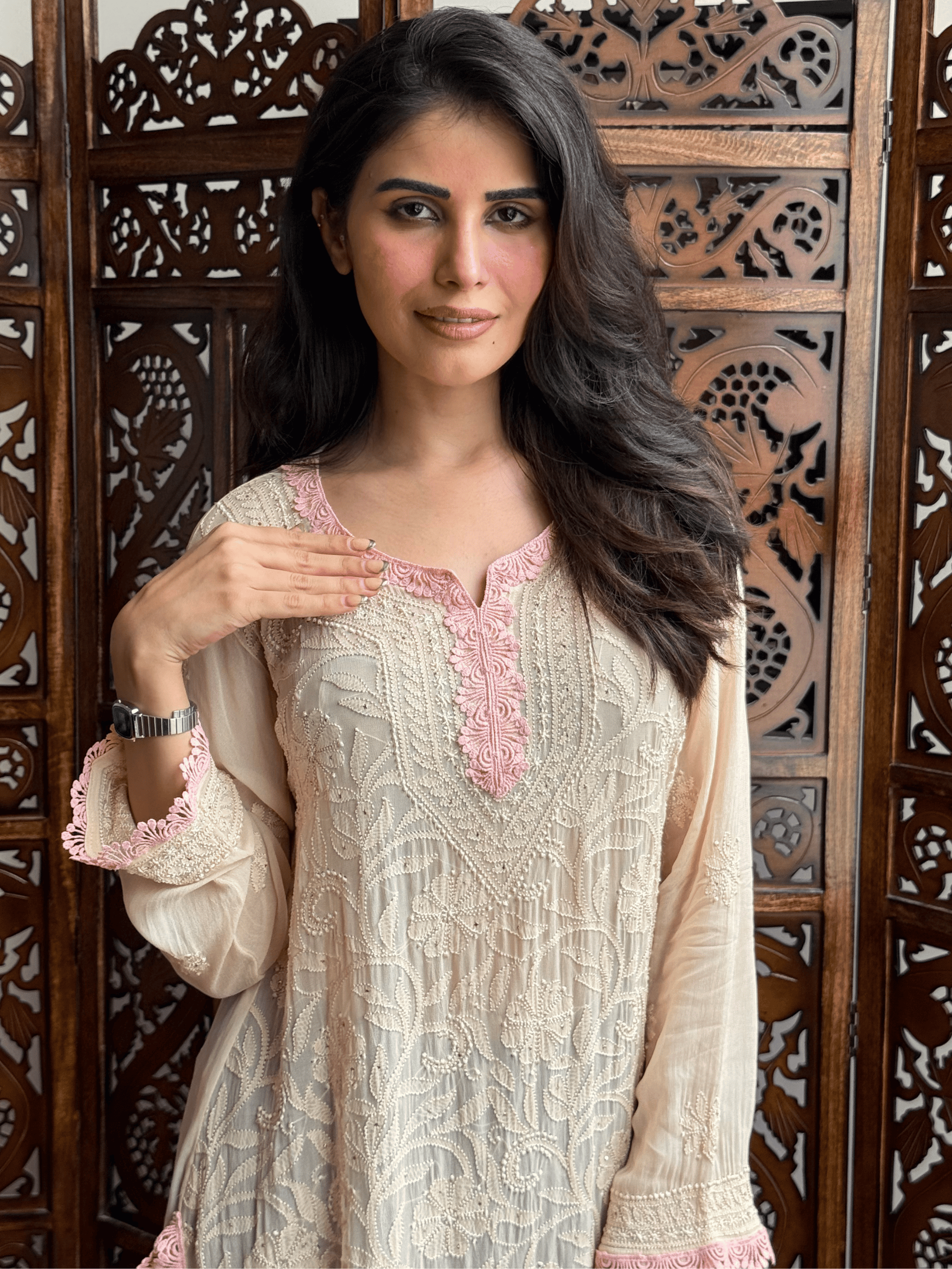 Peach Veil Chikankari Short Kurta