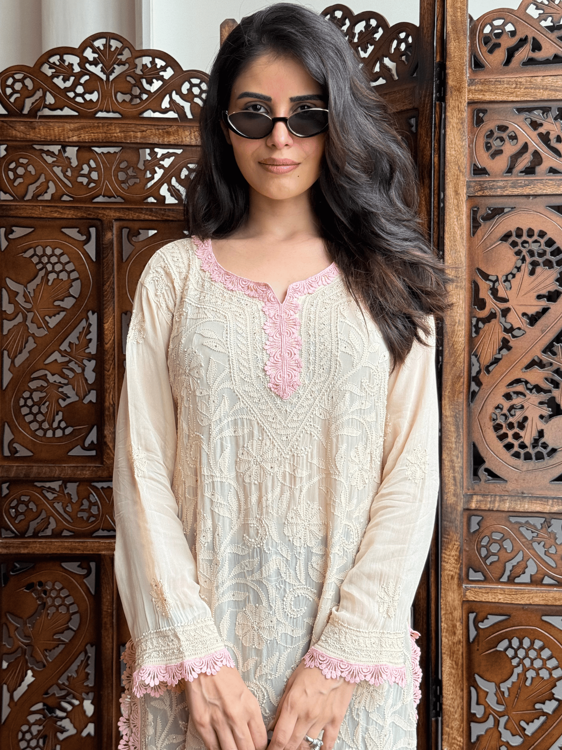 Peach Veil Chikankari Short Kurta