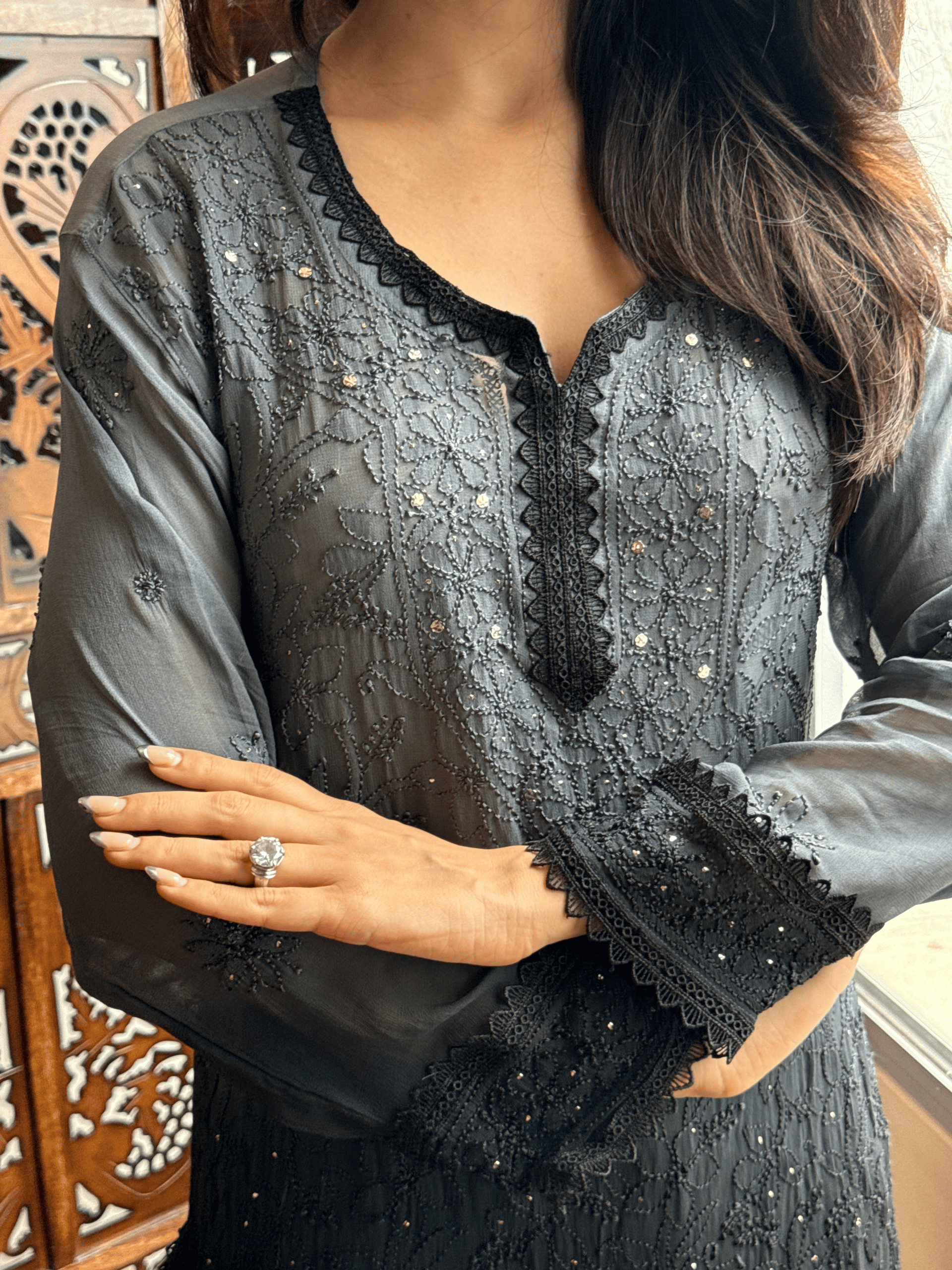 Velvet Noir Chikankari Ombre Short Kurta