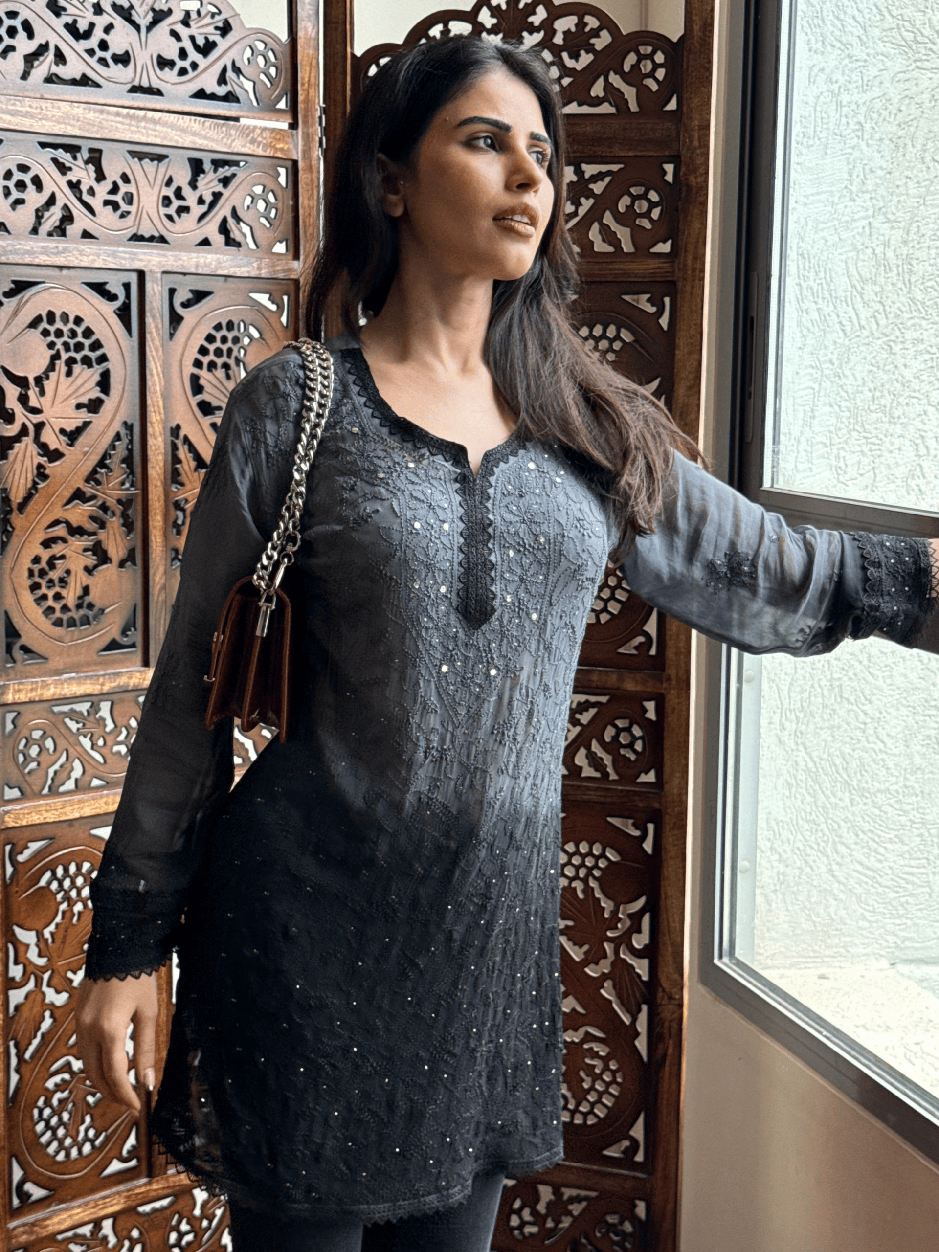Velvet Noir Chikankari Ombre Short Kurta