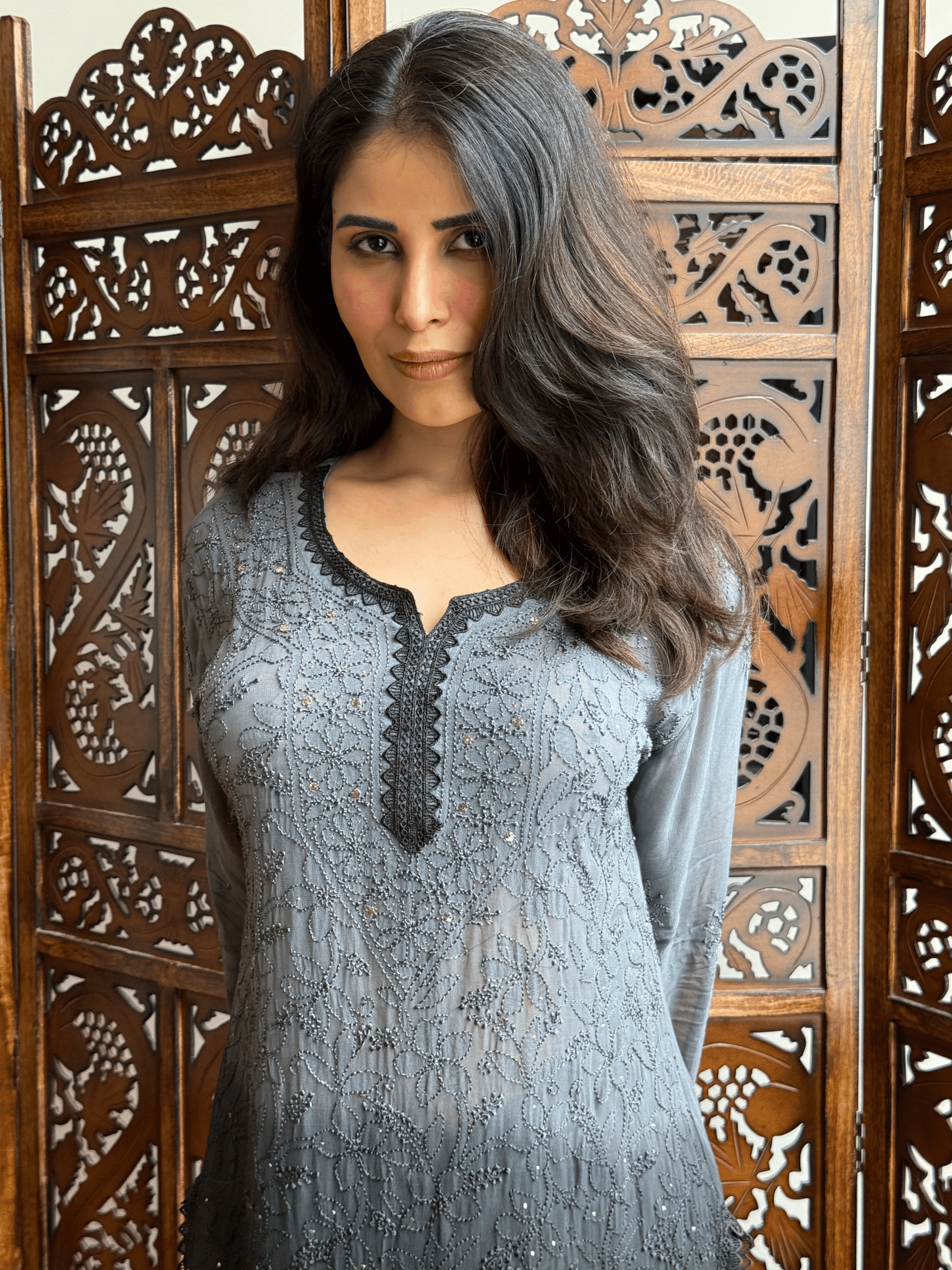 Velvet Noir Chikankari Ombre Short Kurta