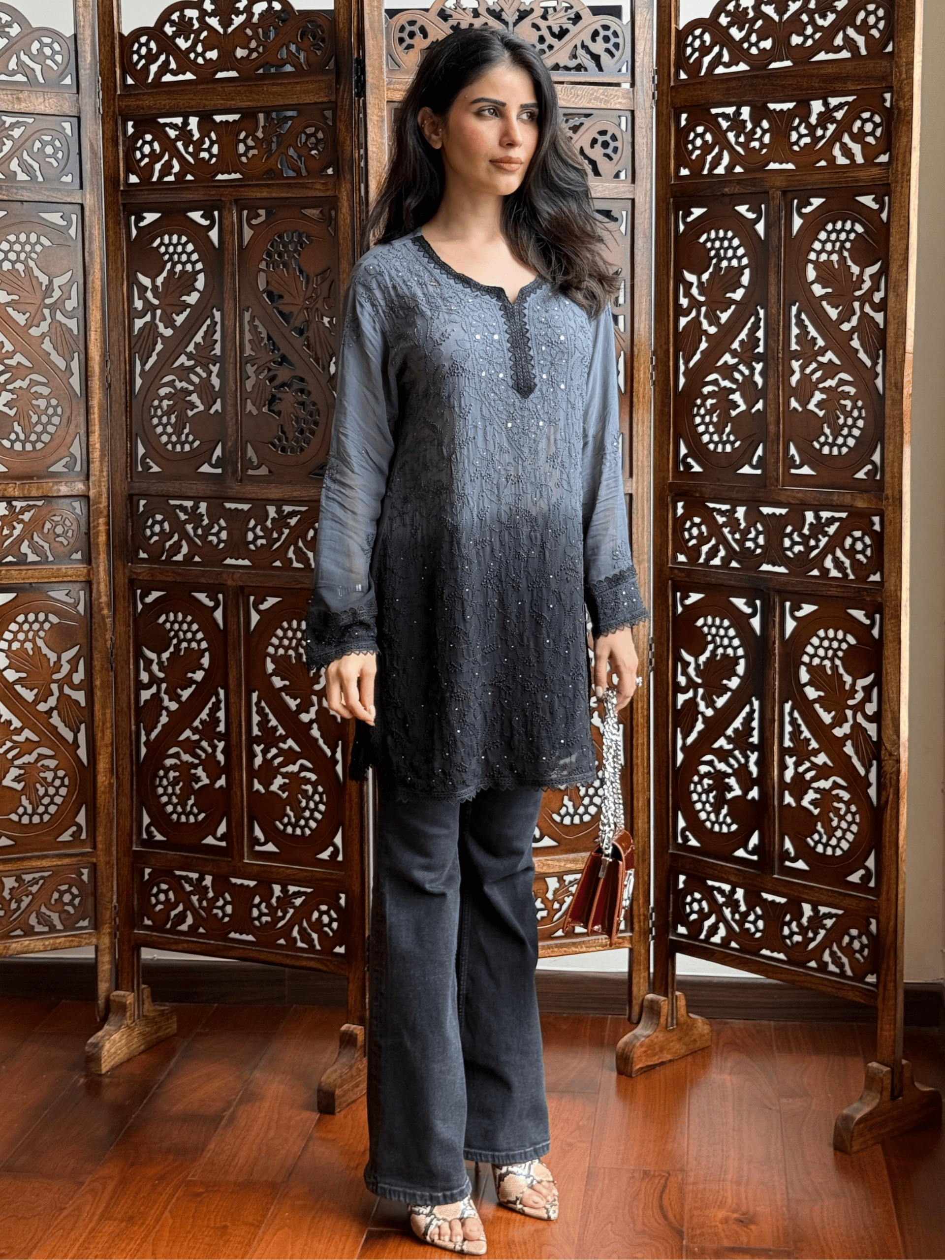Velvet Noir Chikankari Ombre Short Kurta