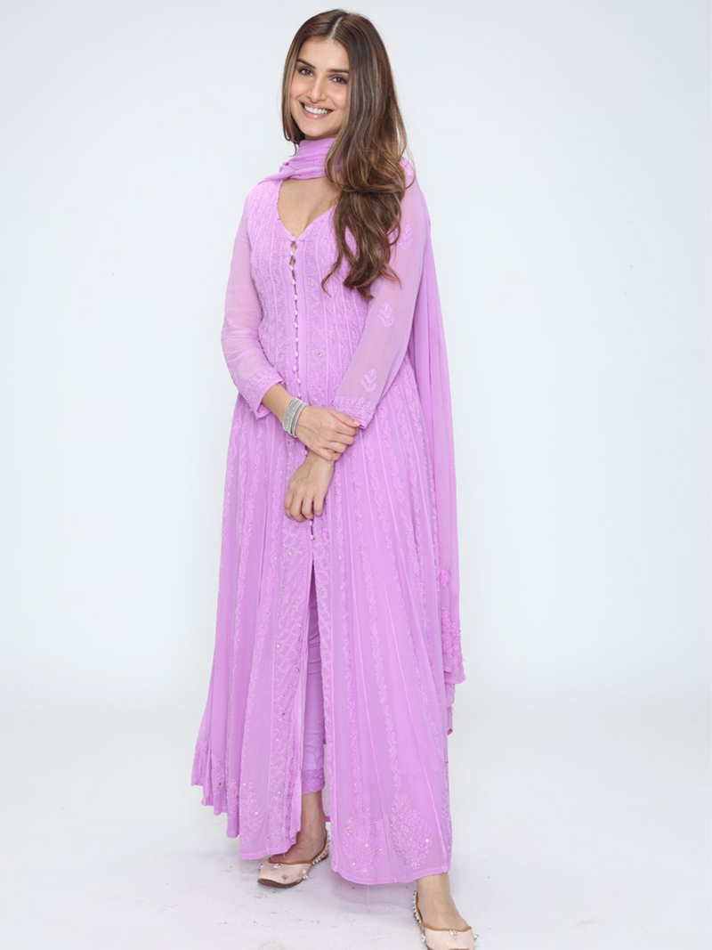 Purple Lily Chikankari Anarkali Set (Set of 3)