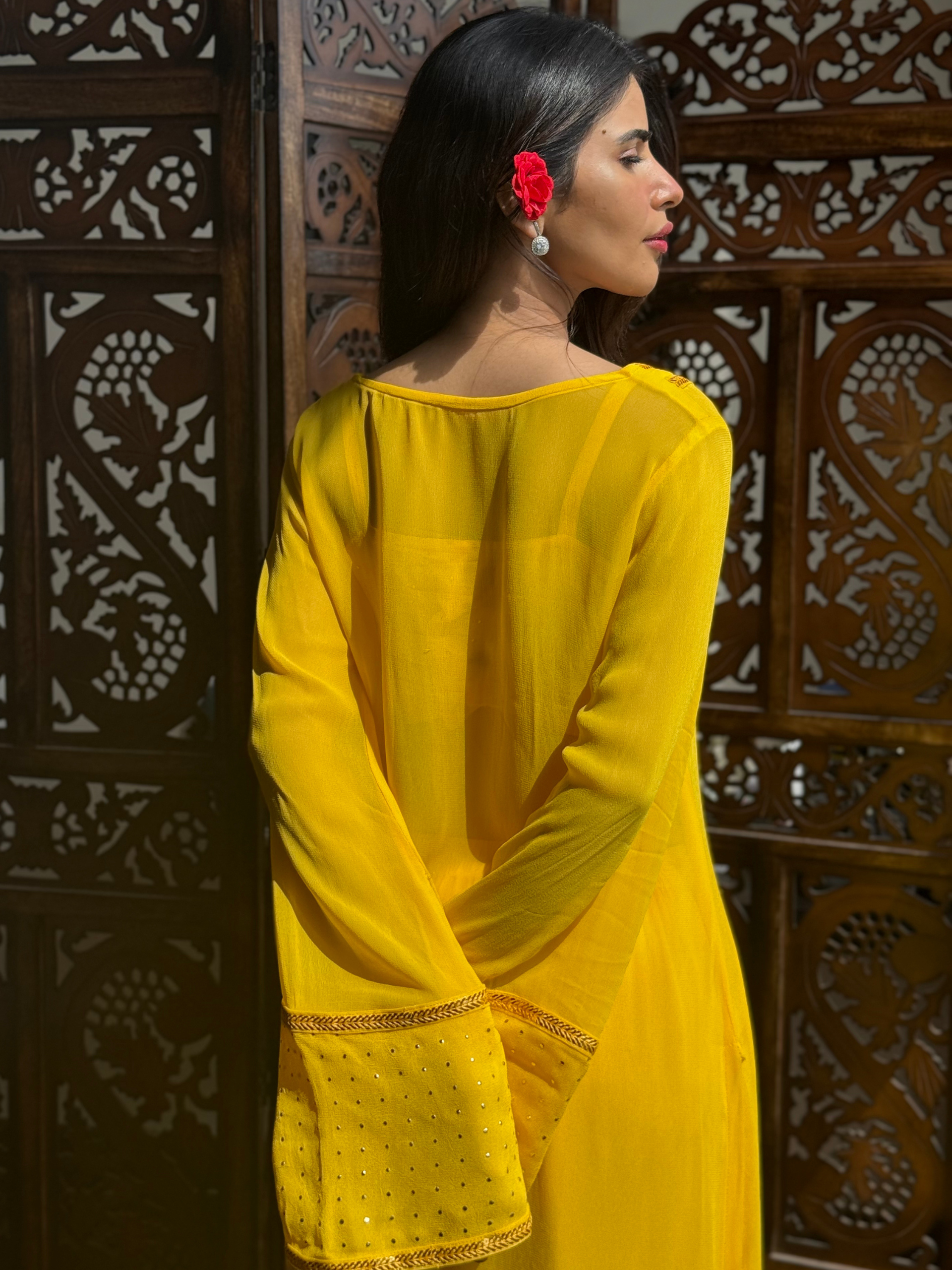Yellow Muse Mukaish Kaftan Kurta Set (Set of 3)