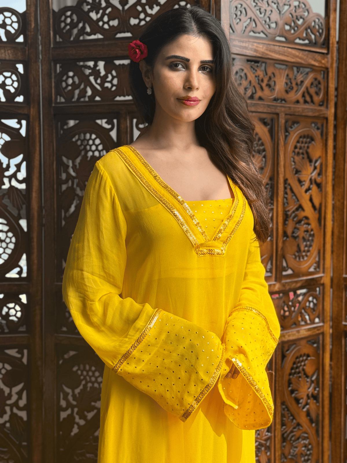 Yellow Muse Mukaish Kaftan Kurta Set (Set of 3)