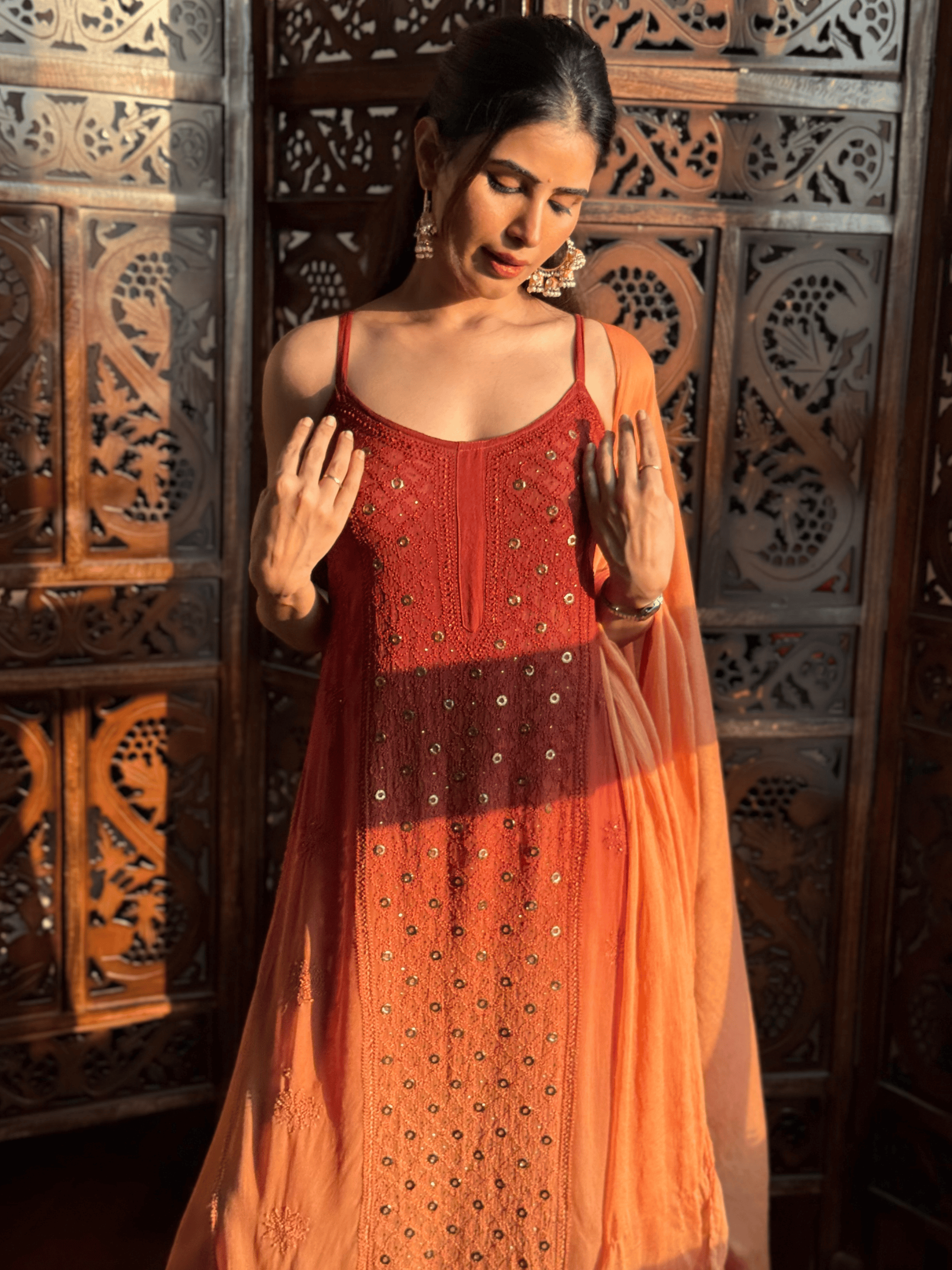 Amber Dunes Chikankari & Mukaish Ringwork Kurta Set (Set of 3)