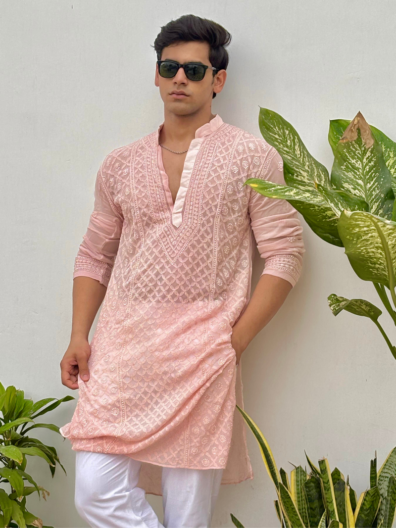 Old Rose Ember Mens Chikankari Hand-embroidered Kurta