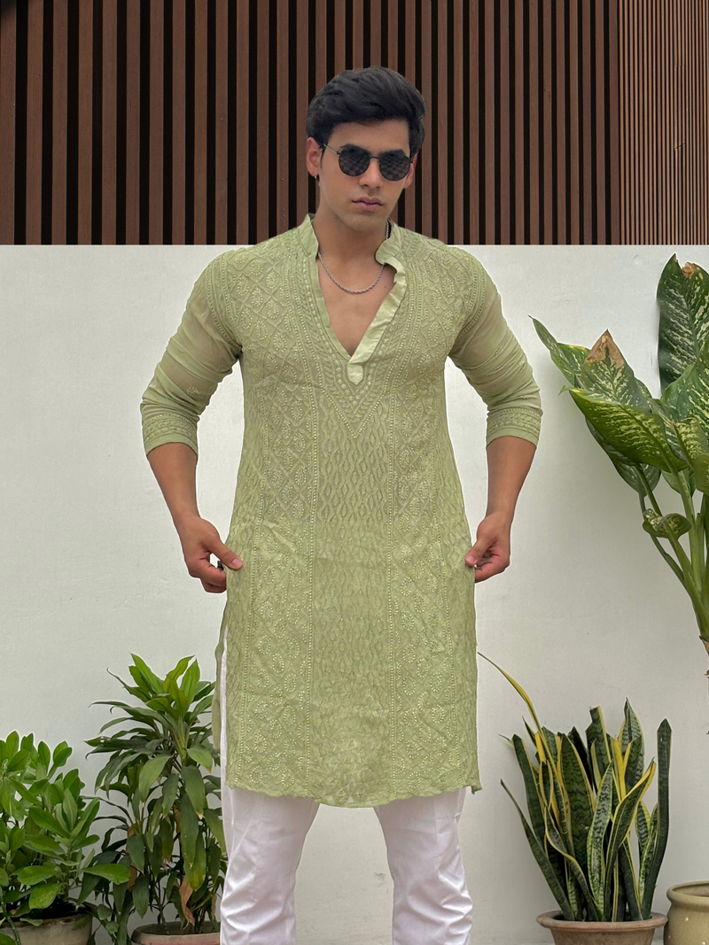 Pistachio Dusk Mens Chikankari Hand-embroidered Kurta