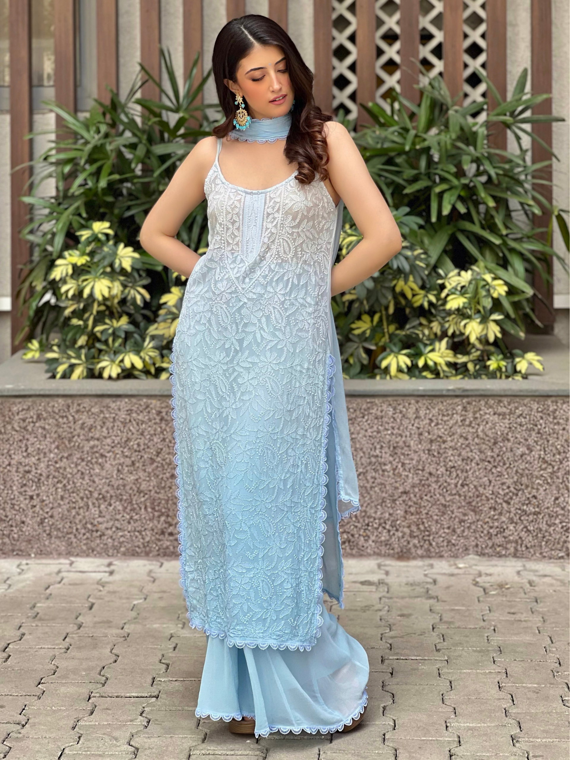 Dreamy Frost Chikankari Ombré Lace Strappy Kurta Set (set of 3)