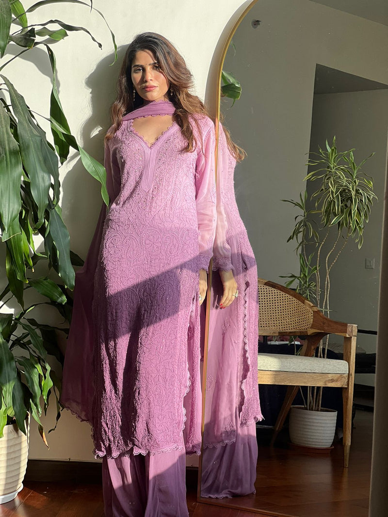 Paisley Purple Chikankari & Mukaish Lace Kurta Set (Set of 3)