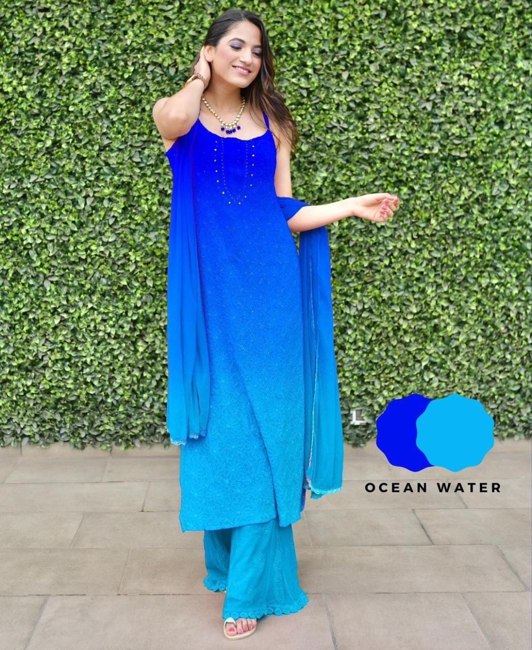 Ocean Water Strappy Ombré Chikankari Kurta Set