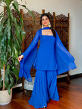 Berry Blue Chikankari Gharara Short Kurta Set (set of 3)