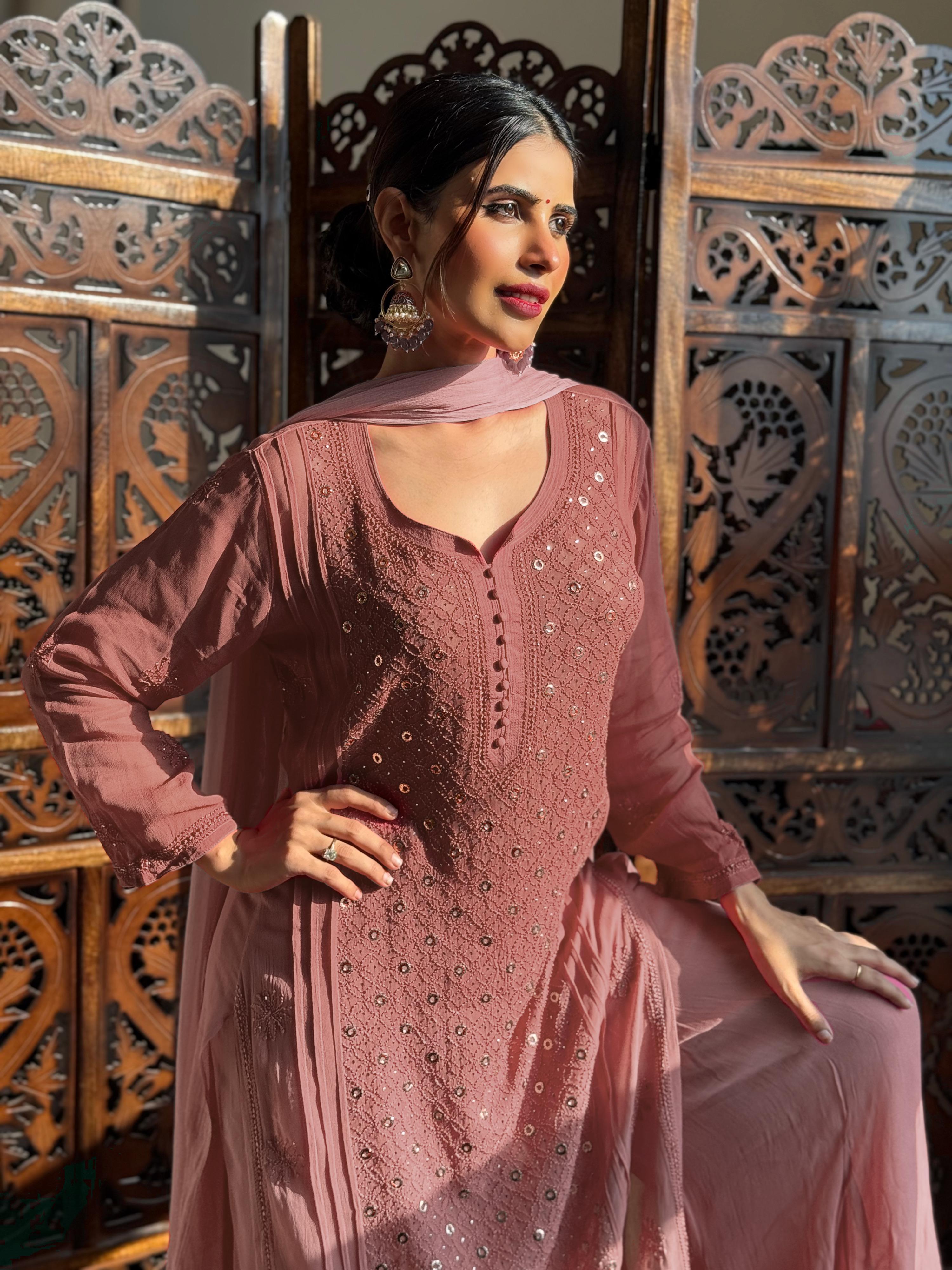 Rustic Rose Chikankari & Mukaish Ring Work Kurta Set (Set of 3)