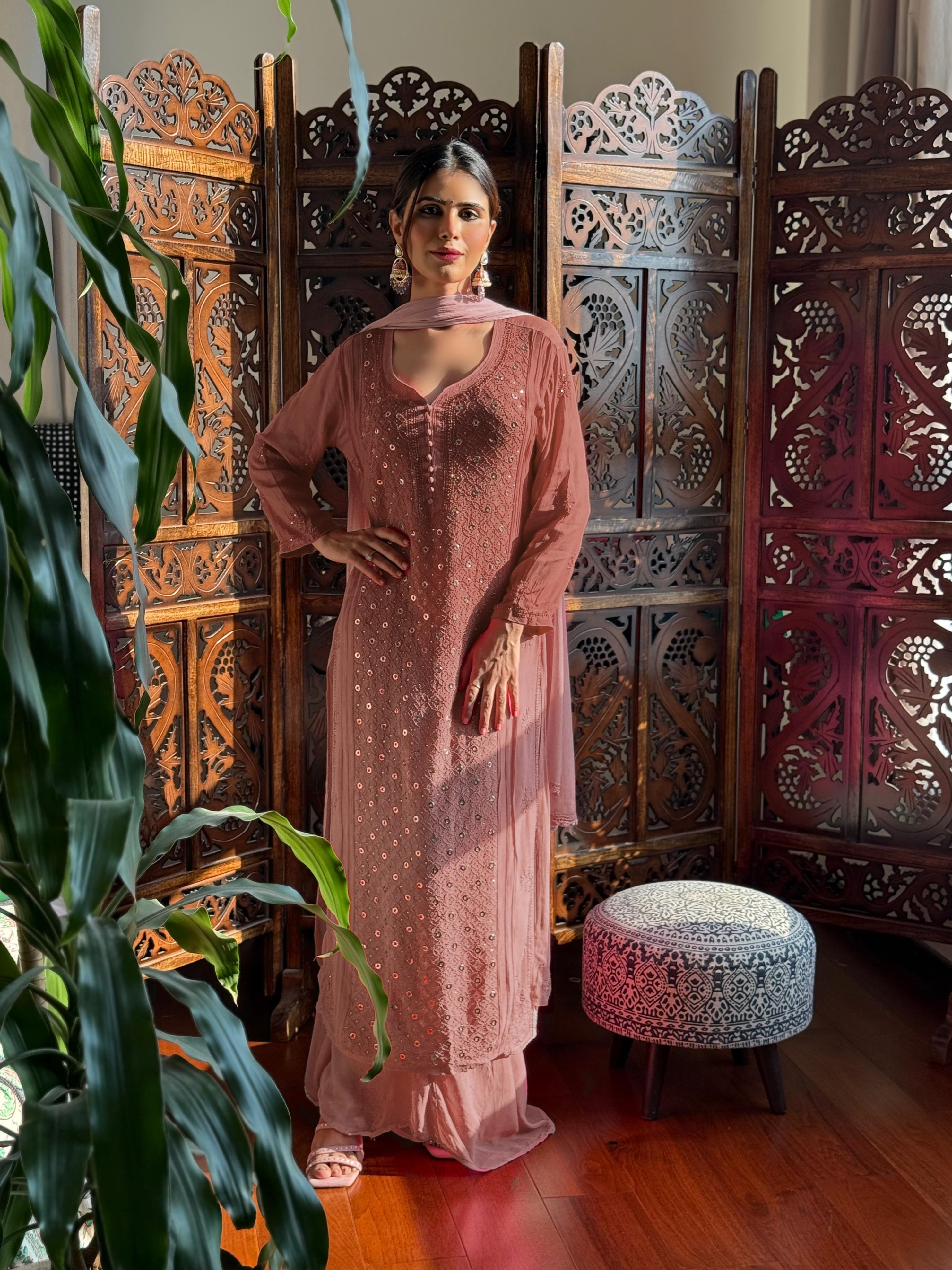 Rustic Rose Chikankari & Mukaish Ring Work Kurta Set (Set of 3)