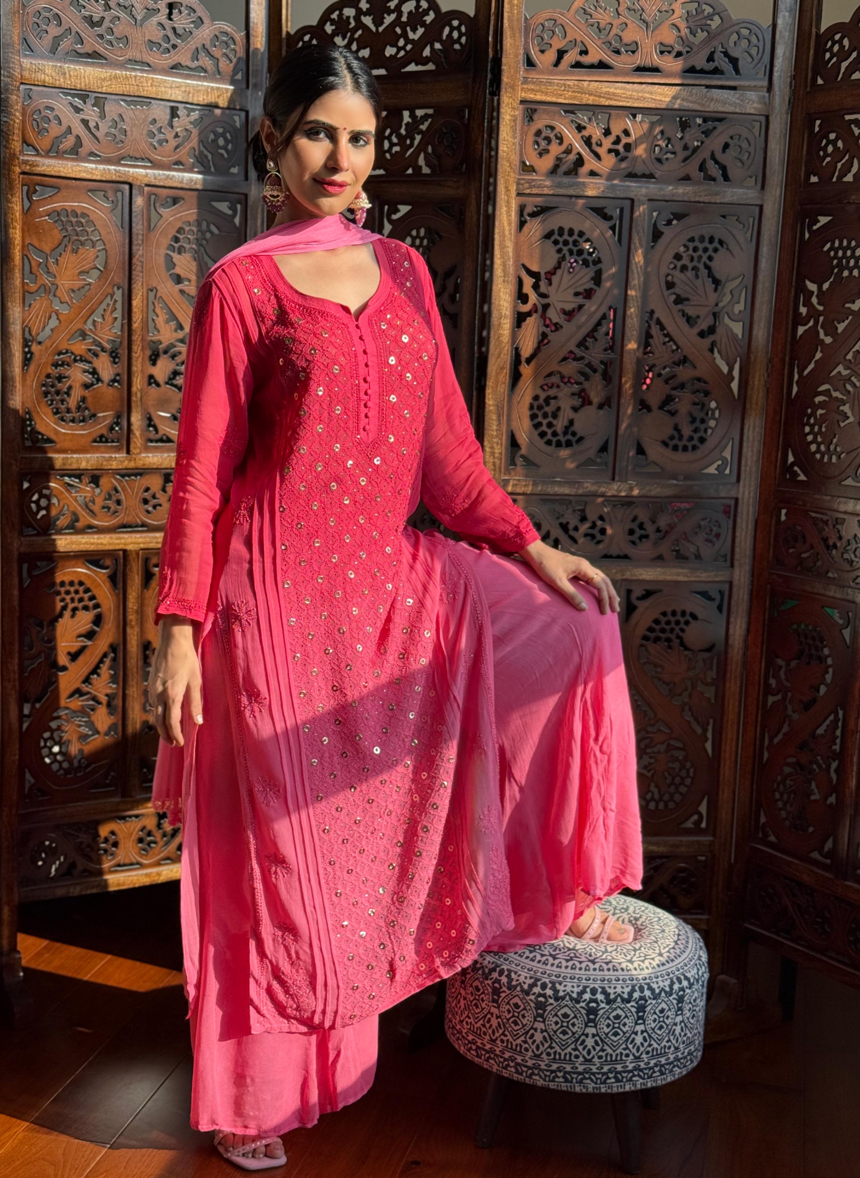 Sunrise Pink Chikankari & Mukaish Ring Work Kurta
