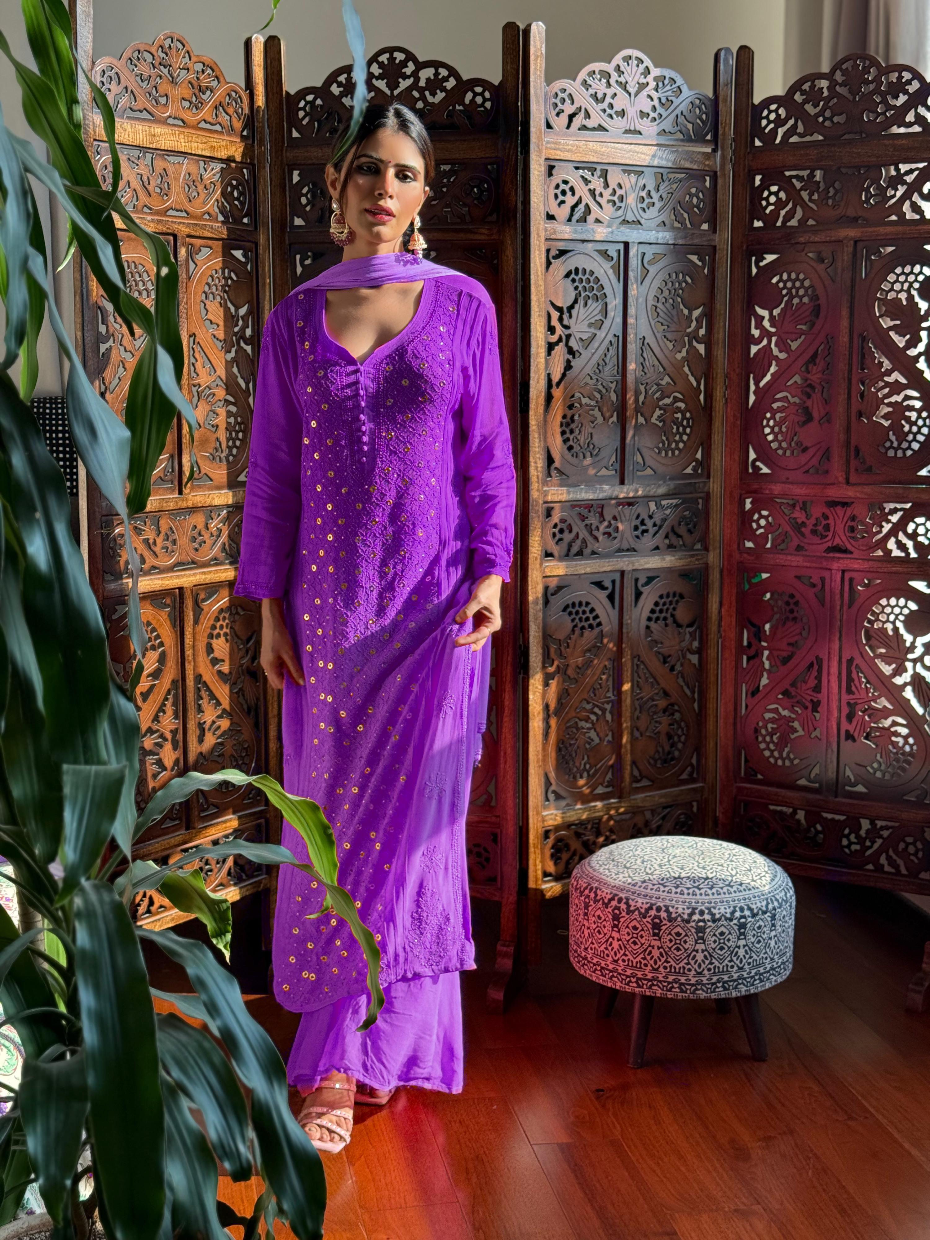 Iris Purple Chikankari & Mukaish Ring Work Kurta