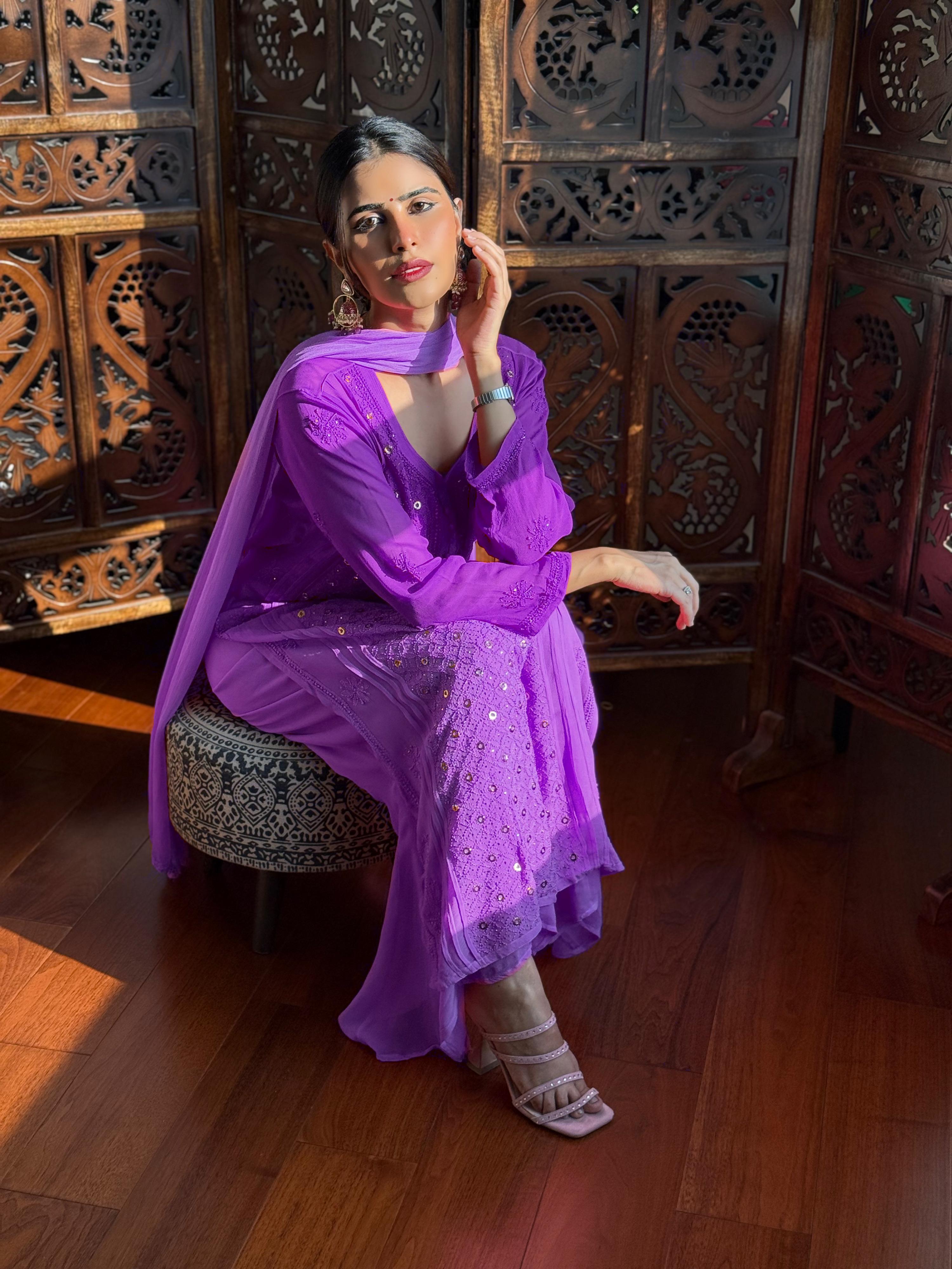 Iris Purple Chikankari & Mukaish Ring Work Kurta