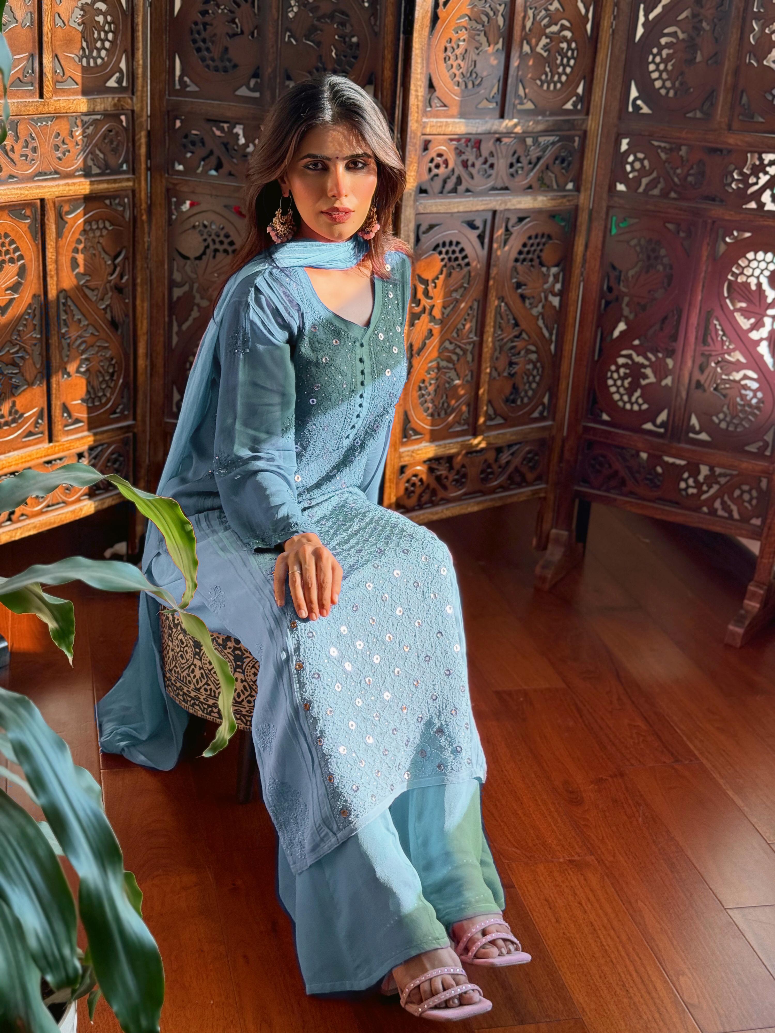 Ice Blue Chikankari & Mukaish Ring Work Kurta
