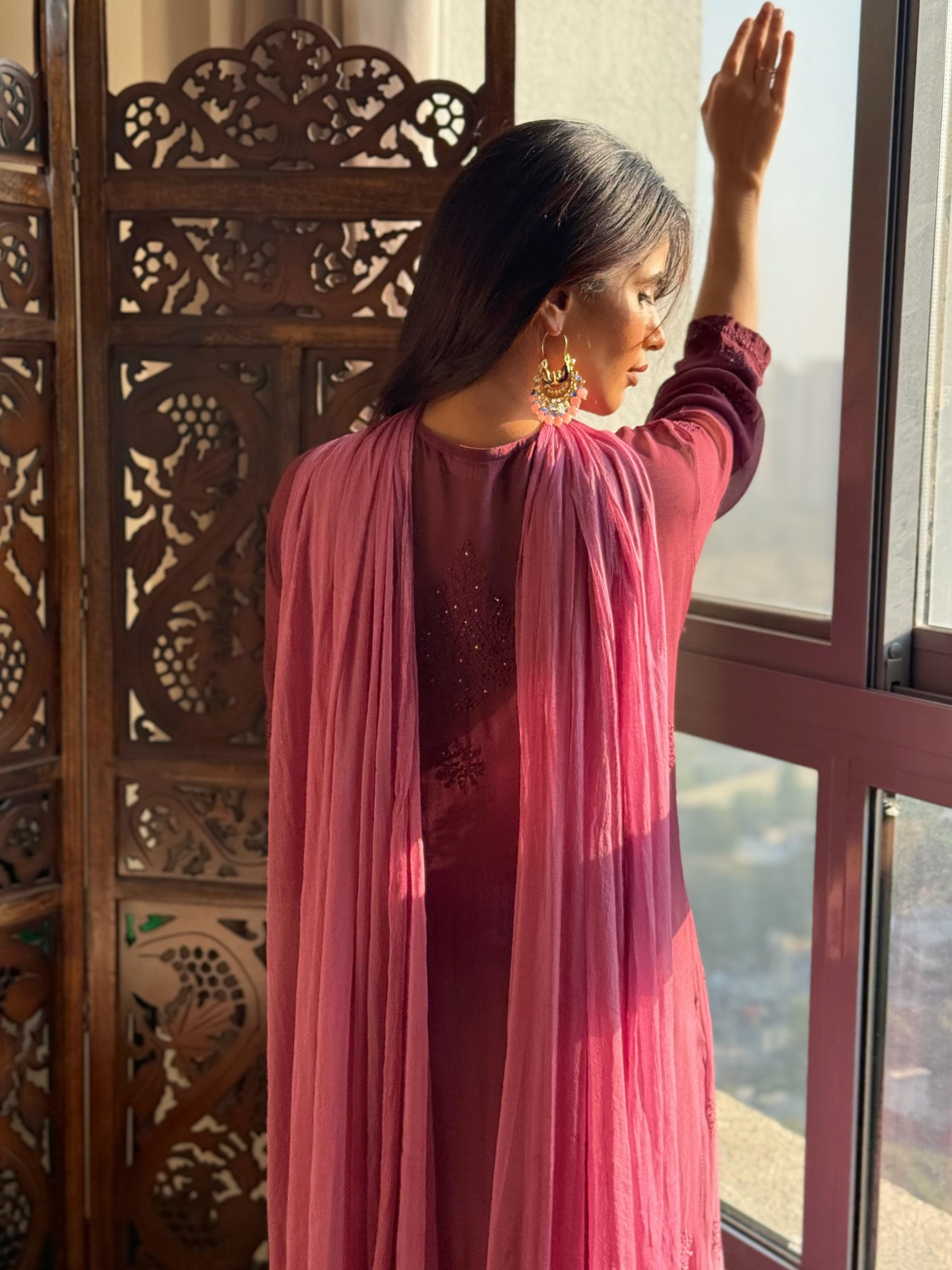 Misty Mauve Chikankari & Mukaish Ring Work Kurta (Set of 3)
