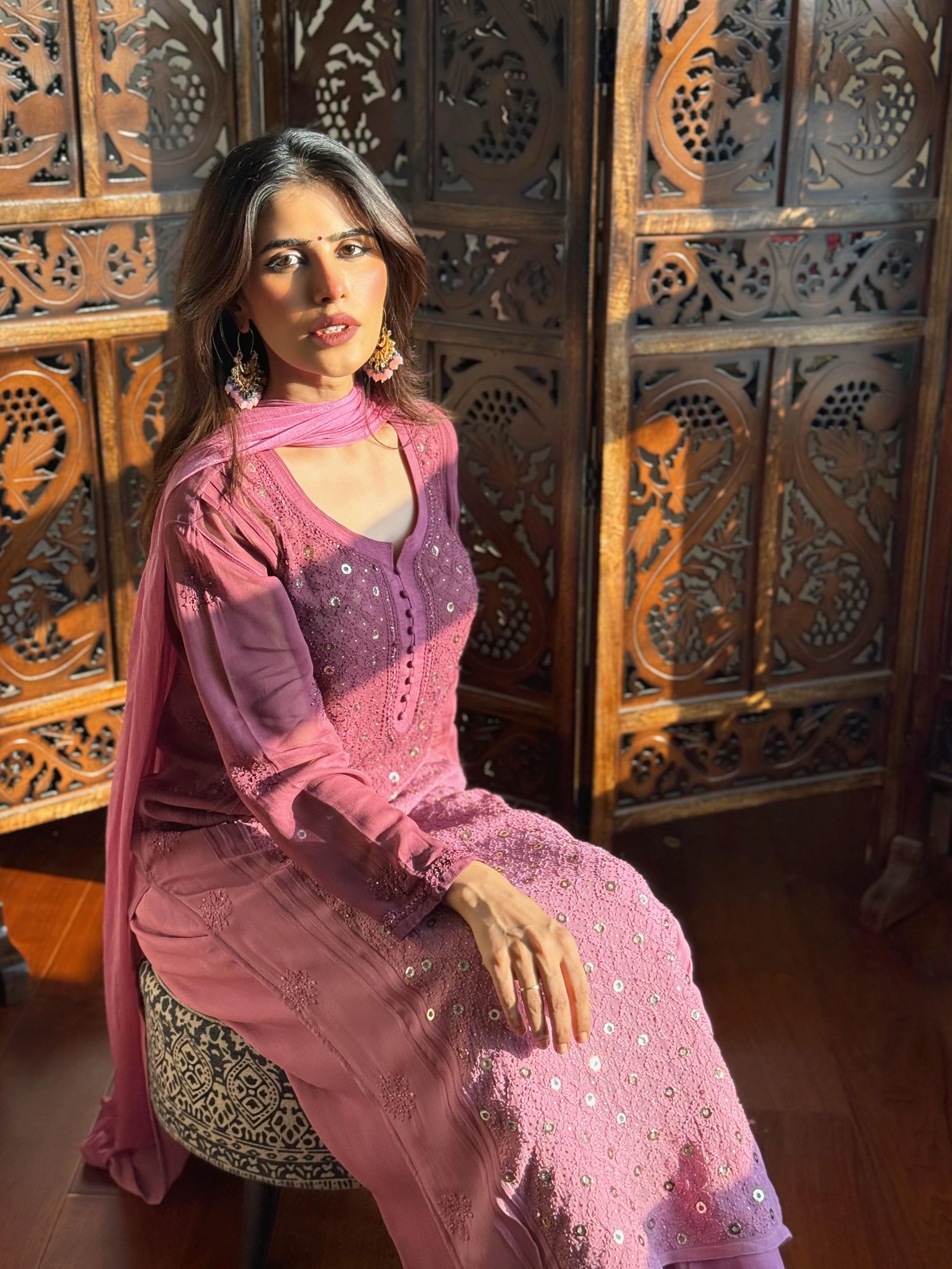Misty Mauve Chikankari & Mukaish Ring Work Kurta
