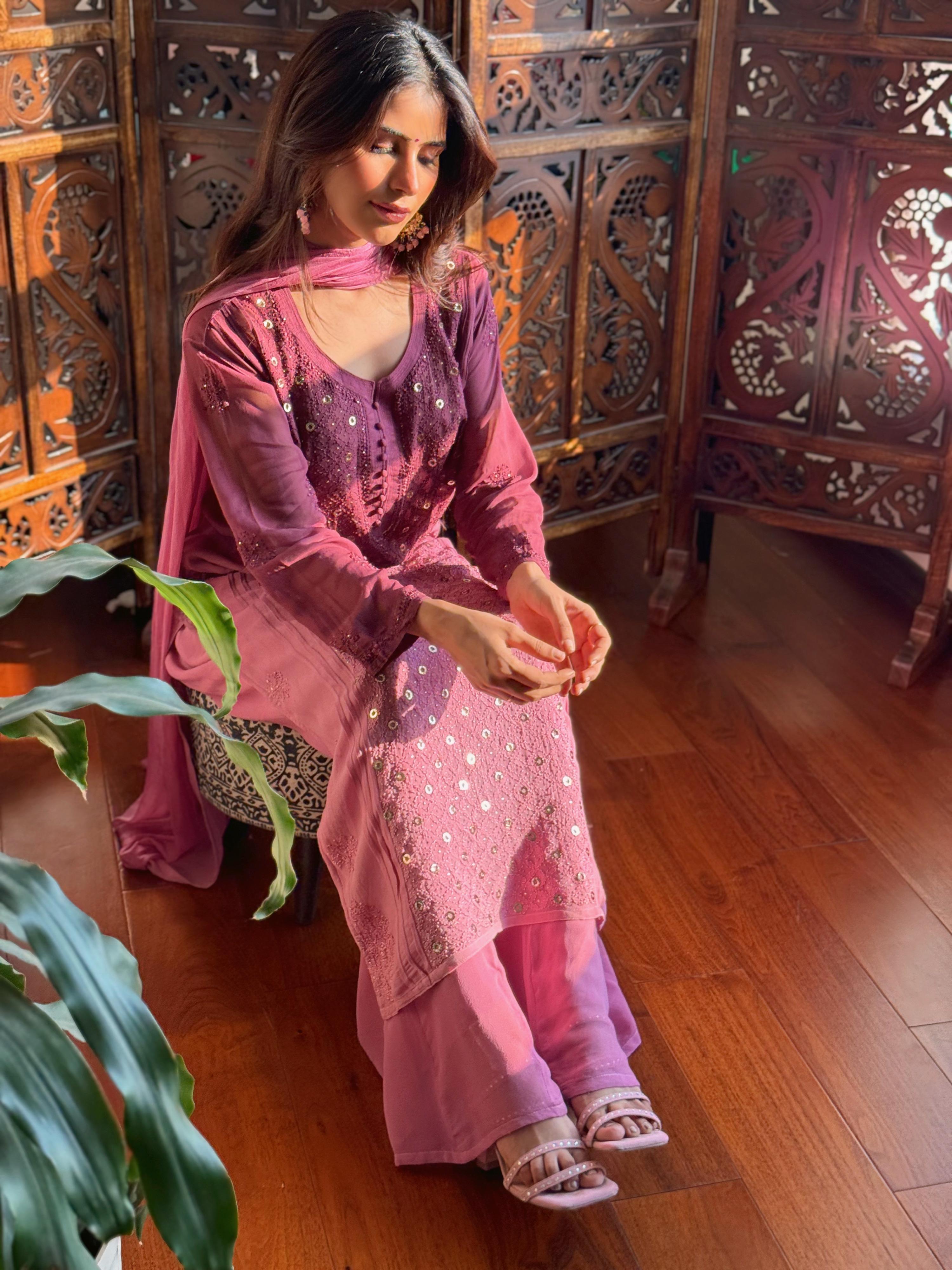 Misty Mauve Chikankari & Mukaish Ring Work Kurta