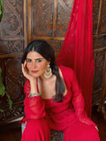 Turkey Red Chikankari Gharara Short Kurta Set (set of 3)