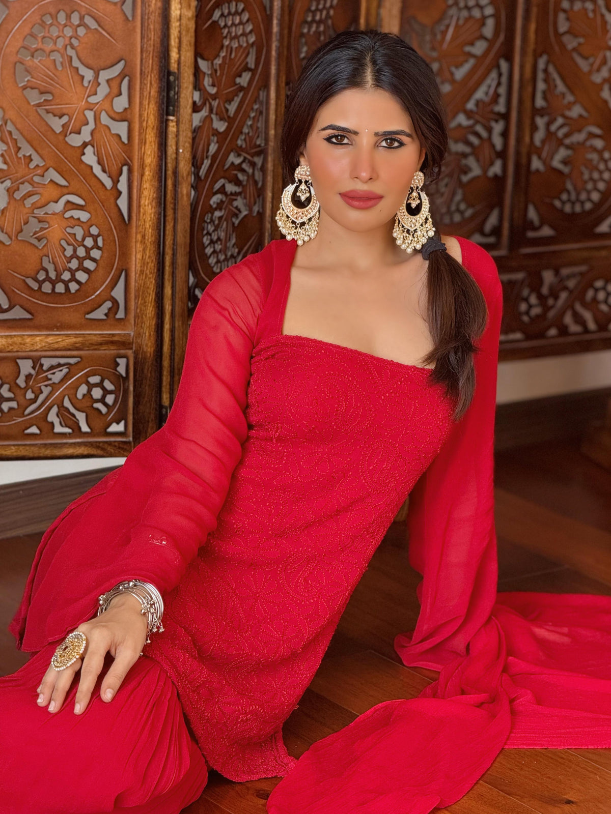 Turkey Red Chikankari Gharara Short Kurta Set (set of 3)